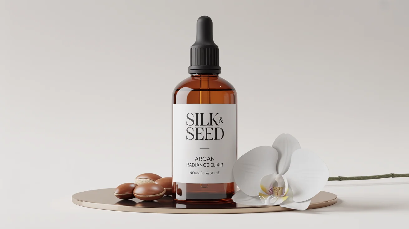 A professional mockup of a luxurious amber glass hair oil bottle with a black dropper cap. The label reads 'SILK & SEED Argan Radiance Elixir'. It is set against a plain white background with an orchid and argan nuts nearby.