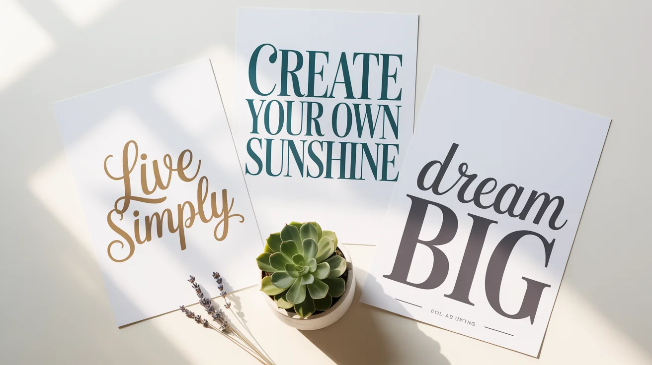 A stylish mockup of three custom quote posters with motivational phrases like 'Create Your Own Sunshine' and 'Live Simply', displayed on a clean white surface next to a small succulent plant.