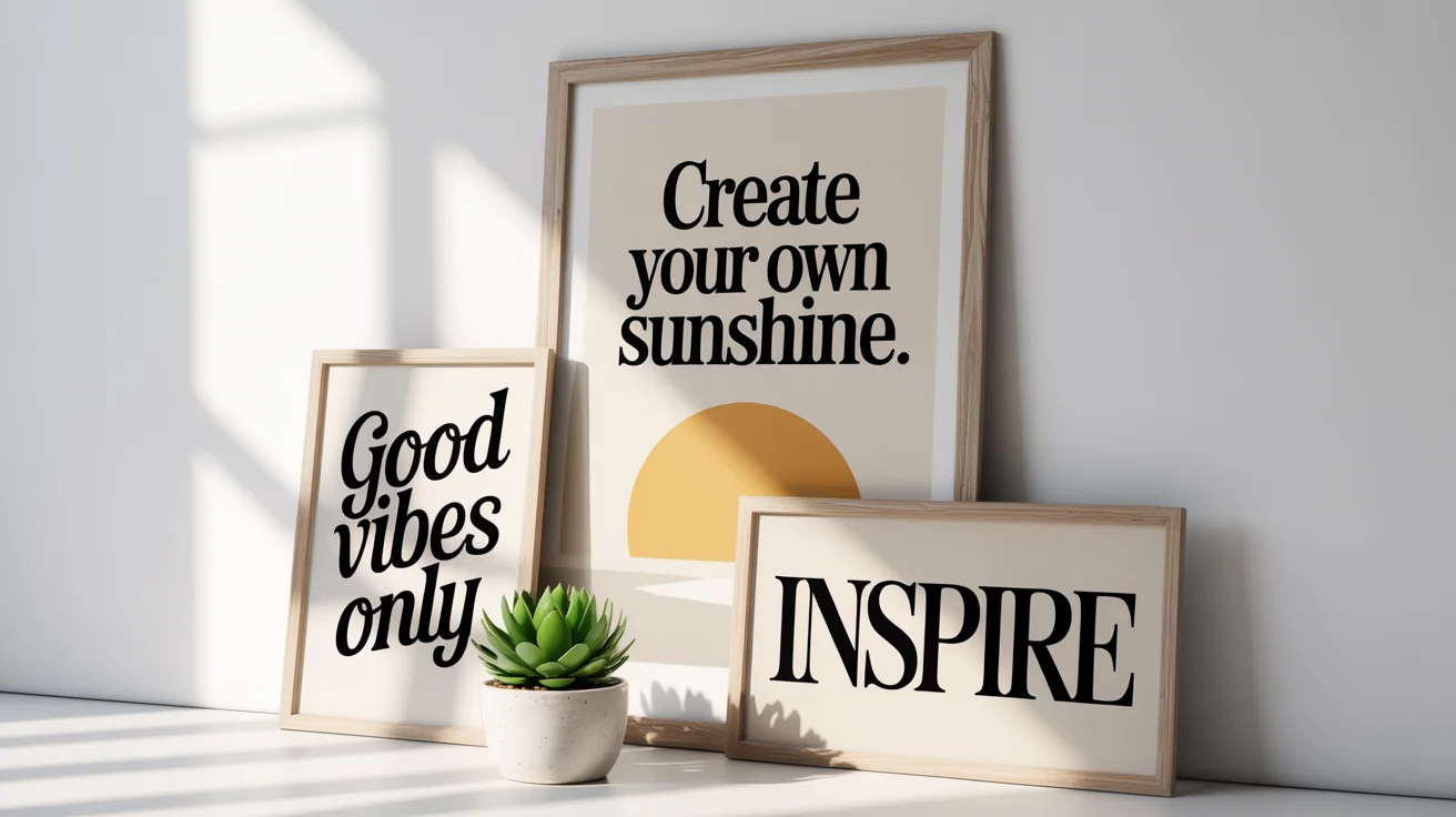 A mockup of three motivational quote posters in a home decor setting. One poster in a light wood frame reads 'Create Your Own Sunshine,' while two others leaning below read 'Good Vibes Only' and 'INSPIRE'.