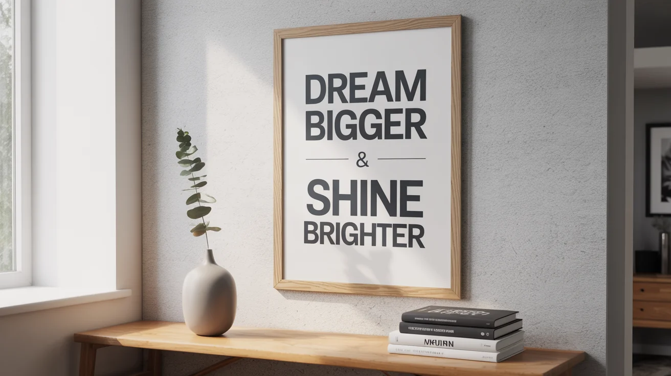 A framed poster with the motivational quote "Dream Bigger. Shine Brighter." hangs on a light gray wall above a modern wooden table, creating a clean and inspirational home decor scene.
