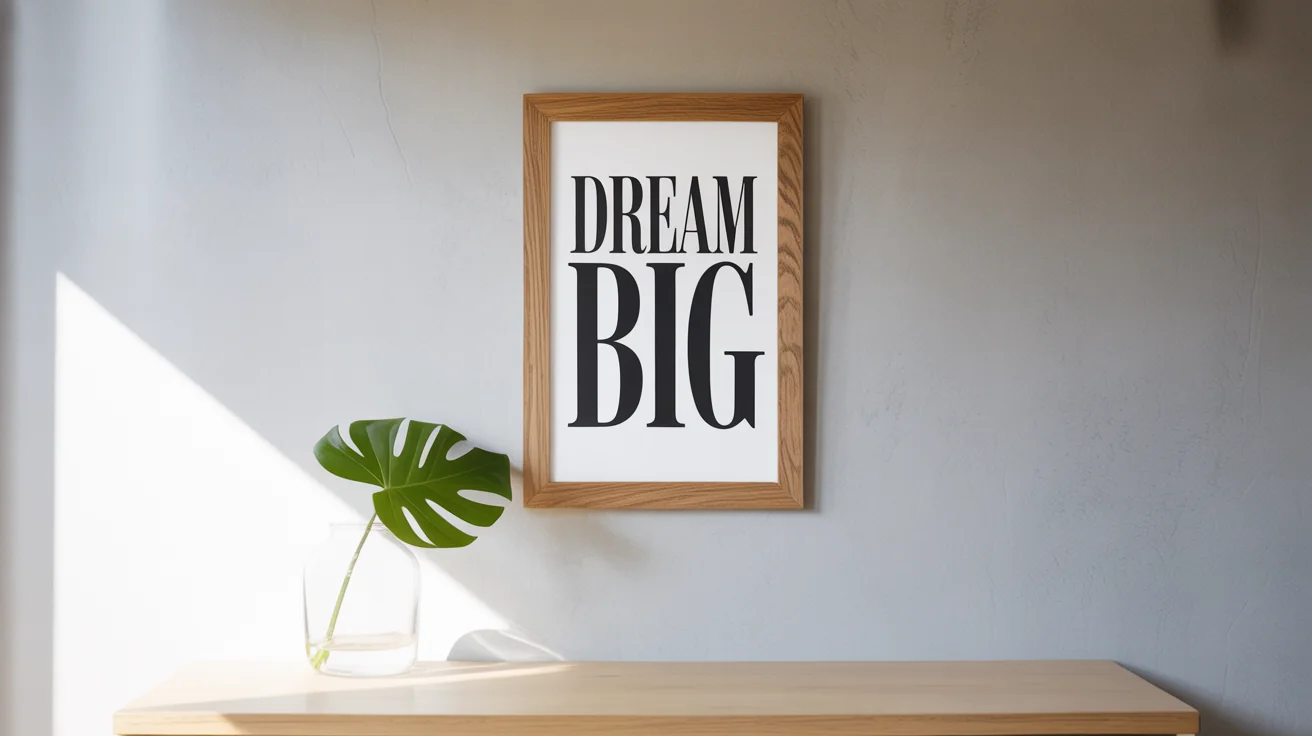 A framed quote poster hanging on a white wall as home decor. The poster says 'DREAM BIG' in bold black letters. A small plant in a vase sits on a shelf just below it, creating a minimalist and inspiring scene.