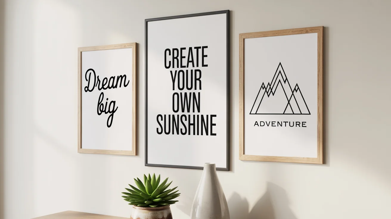 A stylish gallery wall in a minimalist room, featuring three framed custom quote posters with motivational text like 'Create Your Own Sunshine' and 'Dream Big'.