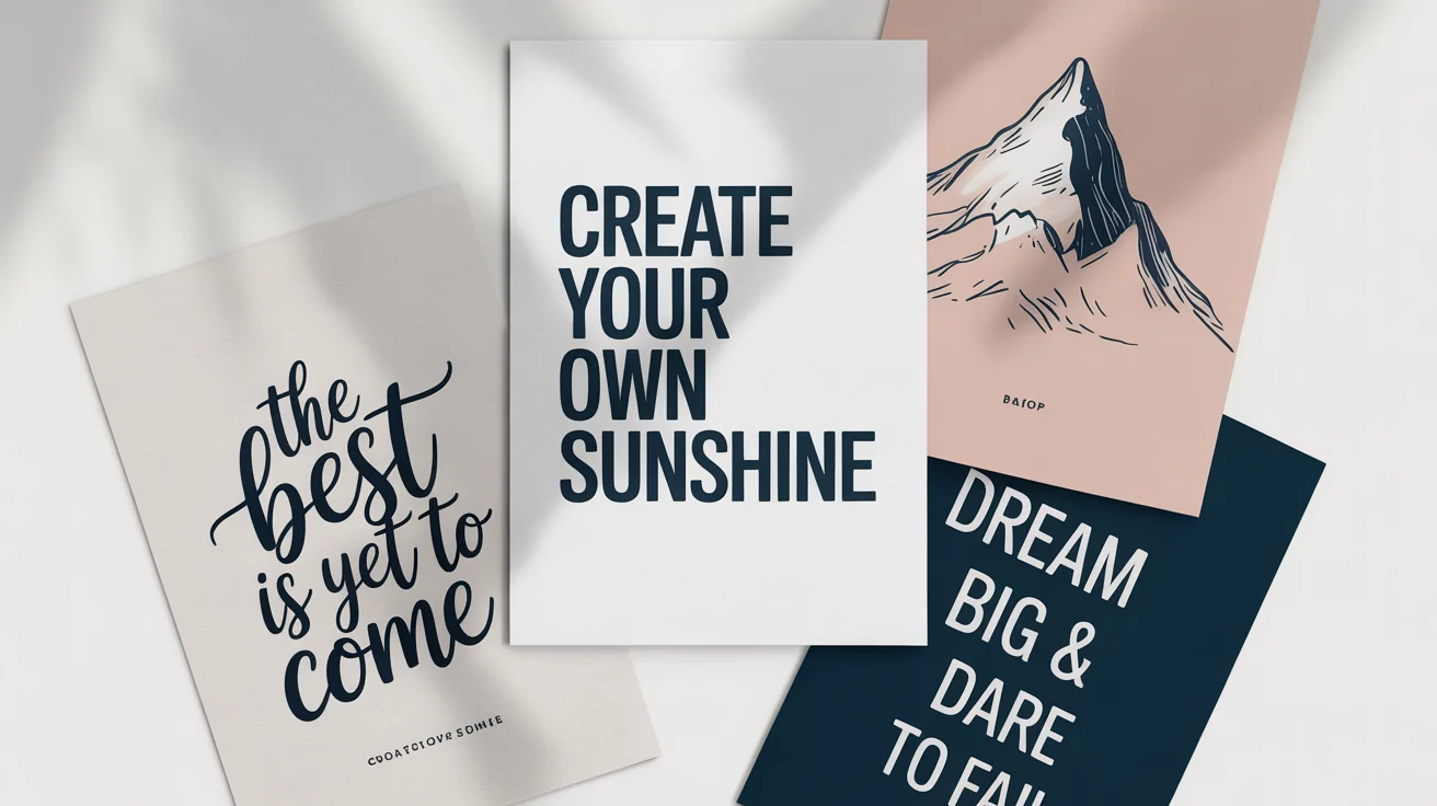 A flat lay mockup of three custom quote posters on a white background. Each poster has a different motivational quote and design style, showcasing options for home decor.