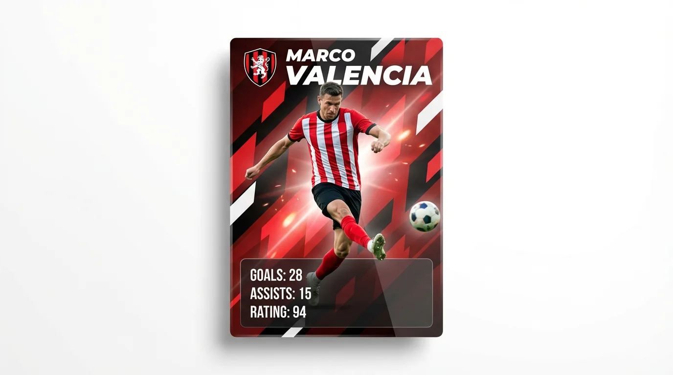 A professionally designed football player card for a fictional player named Marco Valencia, displayed at an angle on a clean white background. The card shows a dynamic action shot of the player and lists key statistics in a modern, sleek layout.