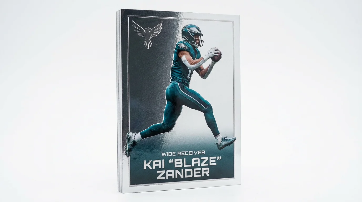 A professional product mockup of a collectible football player card featuring a fictional player named Kai 'Blaze' Zander, set against a plain white background.