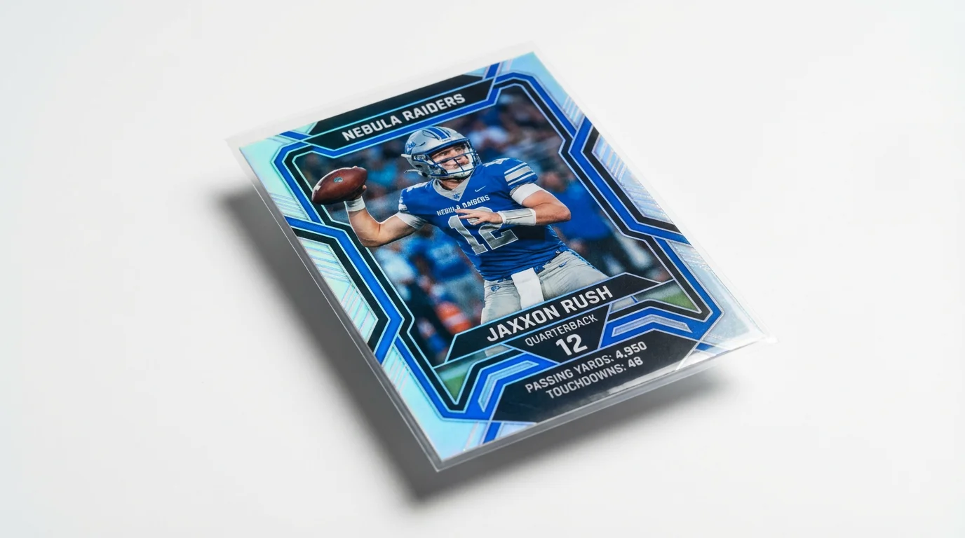 A mockup of a modern, holographic football player card for a fictional quarterback, Jaxxon Rush, displayed on a clean white background.