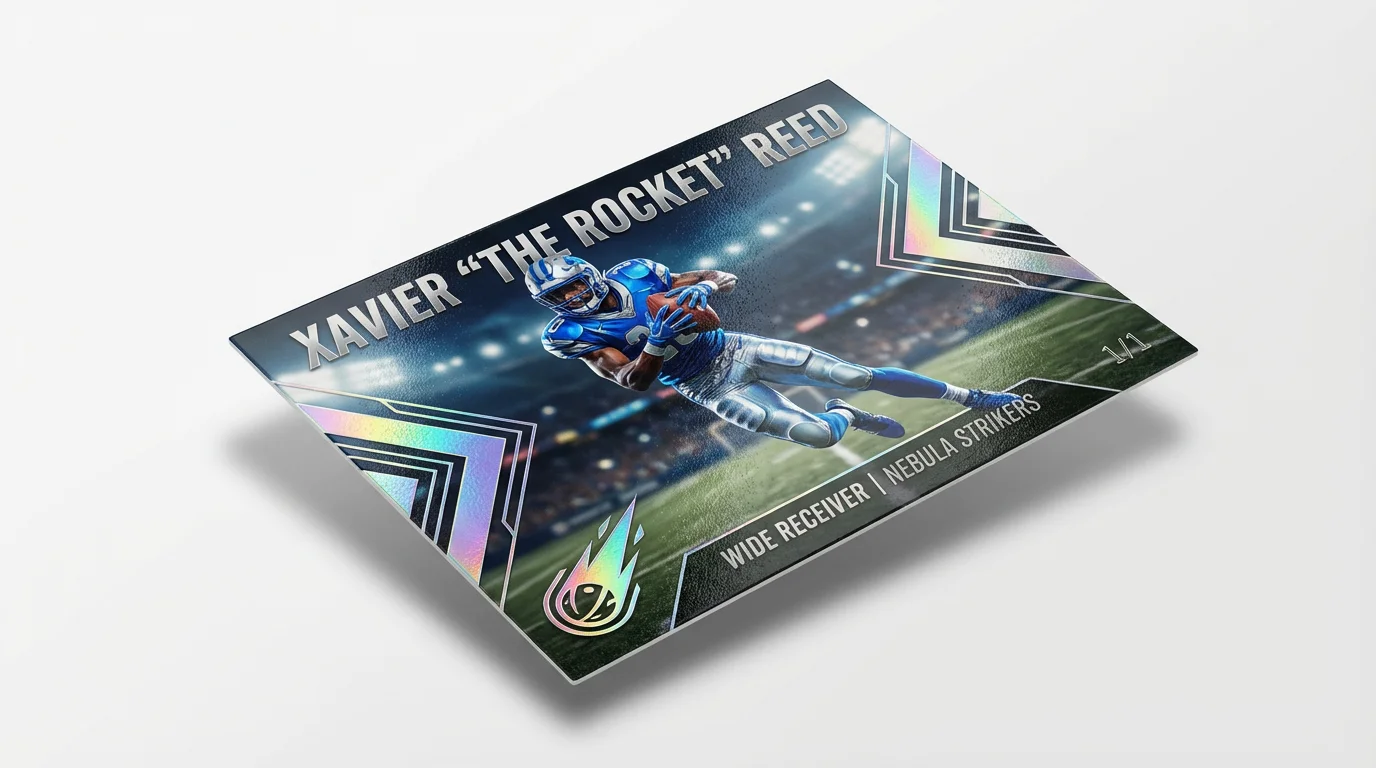 A close-up product shot of a premium football player trading card. The card for fictional player 'Xavier Reed' of the 'Nebula Strikers' is shown on a white background and features holographic and metallic details.