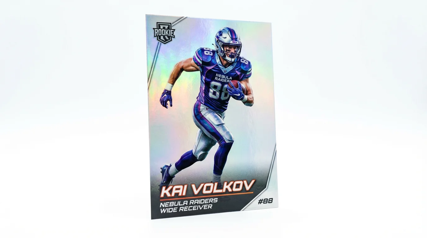 A photorealistic mockup of a modern football player card for a fictional player named Kai Volkov, featuring holographic details and displayed on a white background.