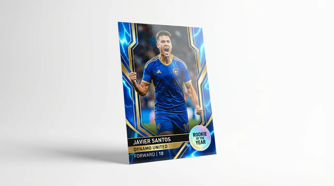 A modern, collectible football player trading card for 'Javier Santos' of 'Dynamo United', displayed at an angle on a white background.