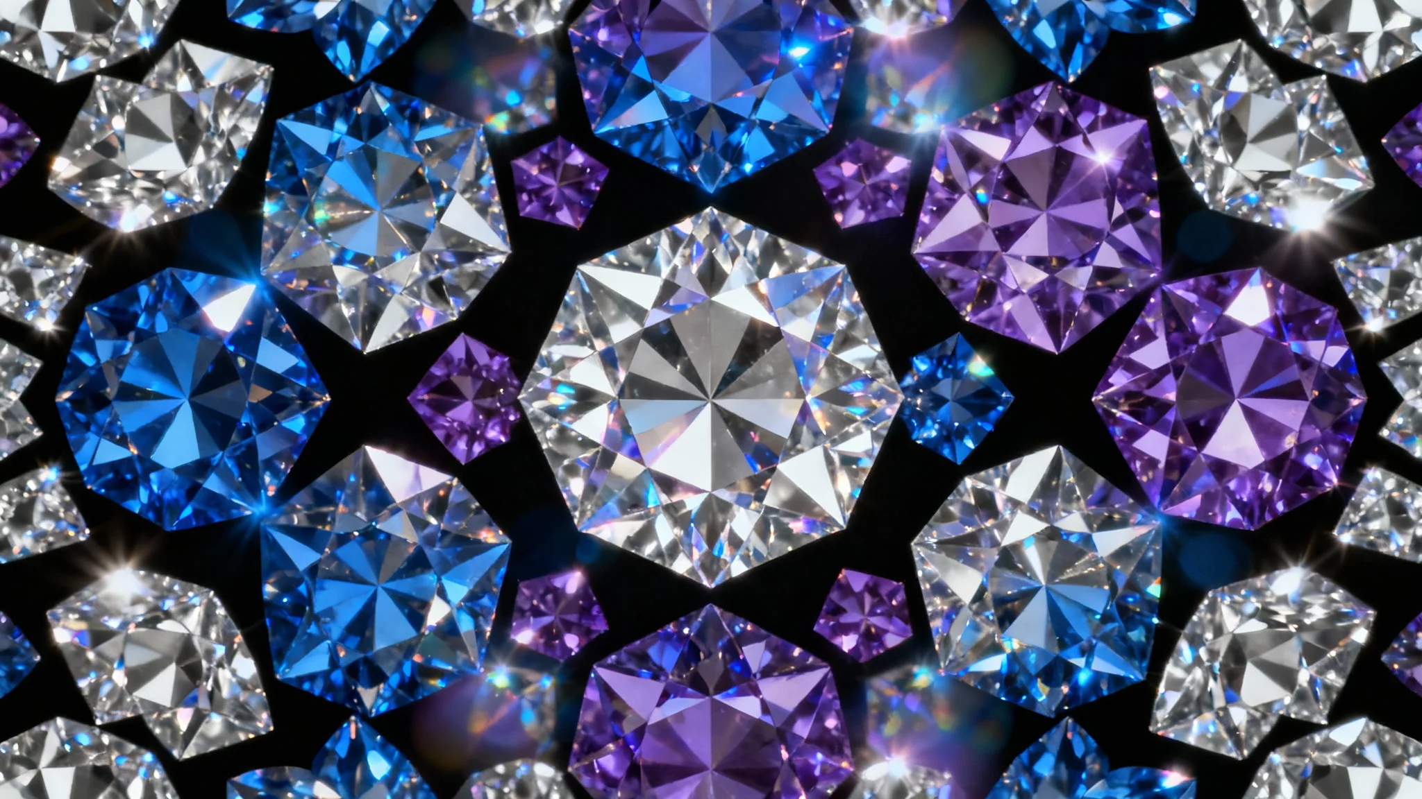 A detailed, eye-catching digital background featuring a seamless kaleidoscopic pattern of sharp, geometric crystals in shades of blue, purple, and silver, set against a dark background.