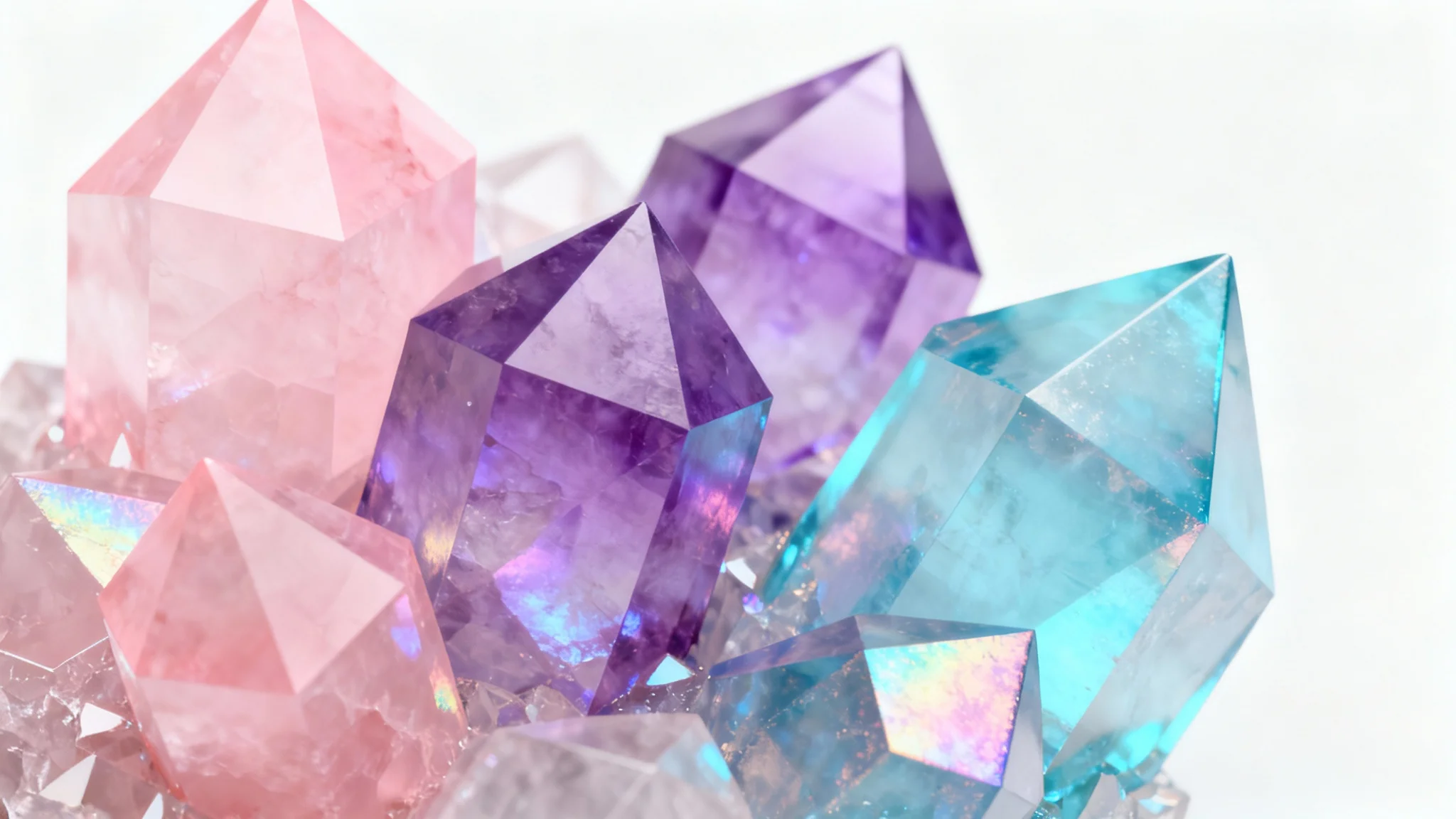 A seamless, repeating pattern of geometric crystals in pastel pink, purple, and blue hues, shimmering on a clean white background.