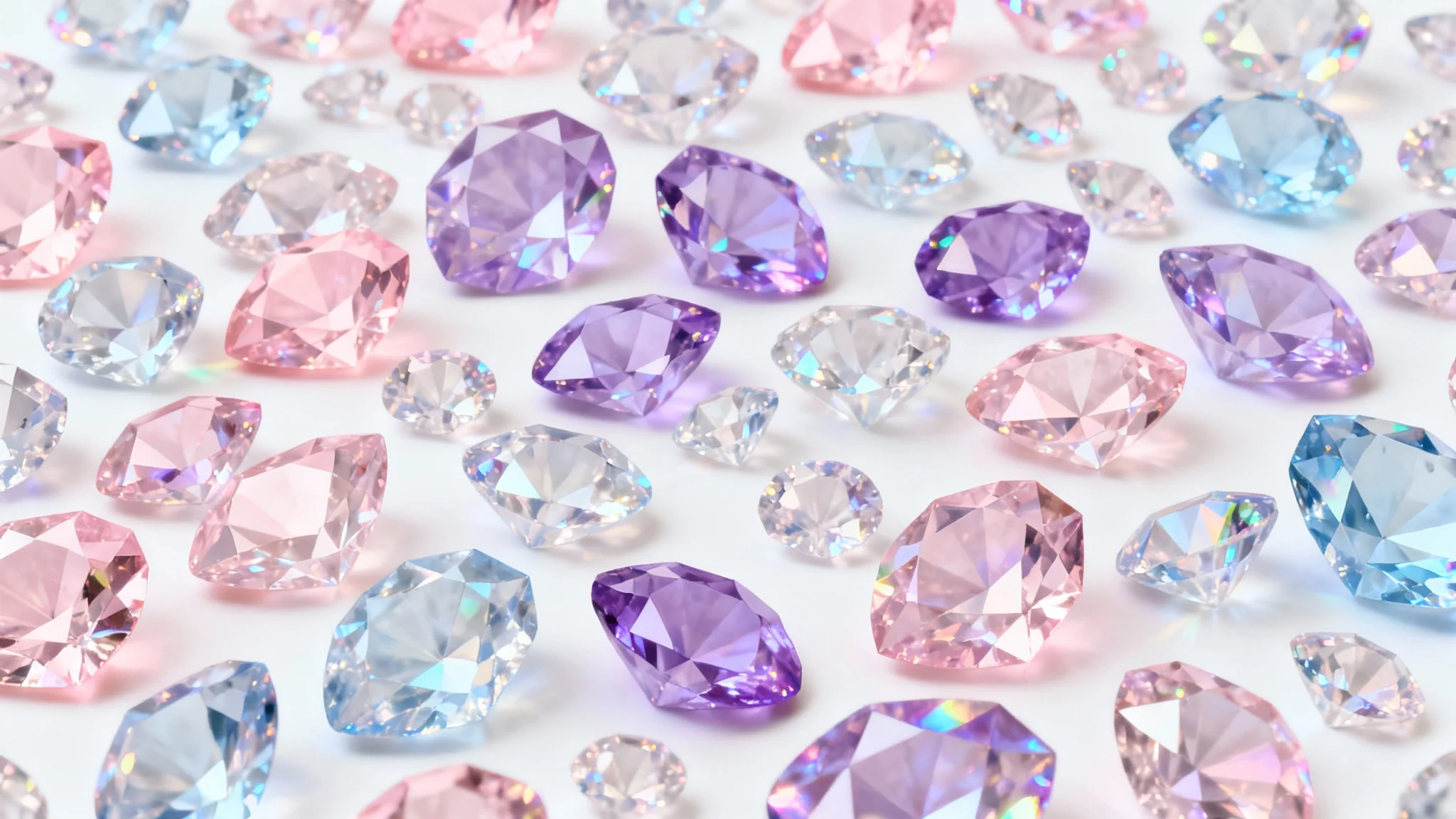 An elegant, seamless pattern of sparkling, pastel-colored geometric crystals on a clean white background, creating a shimmering effect.