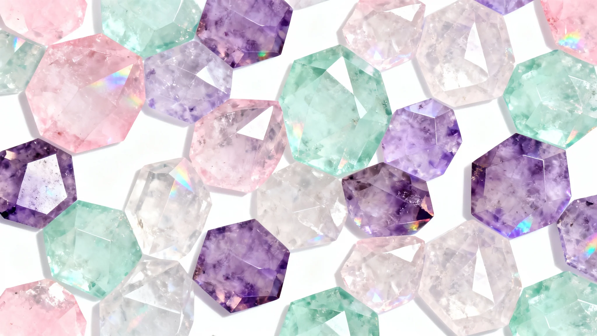 A seamless background pattern of interlocking pastel-colored geometric crystals, shown in a top-down view against a clean white surface, creating an elegant and modern aesthetic.