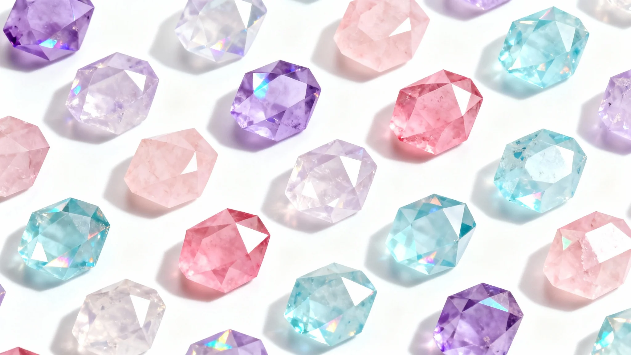 A close-up of a seamless, modern pattern of geometric crystals in shades of lavender, pink, and aquamarine, shimmering against a clean white background.