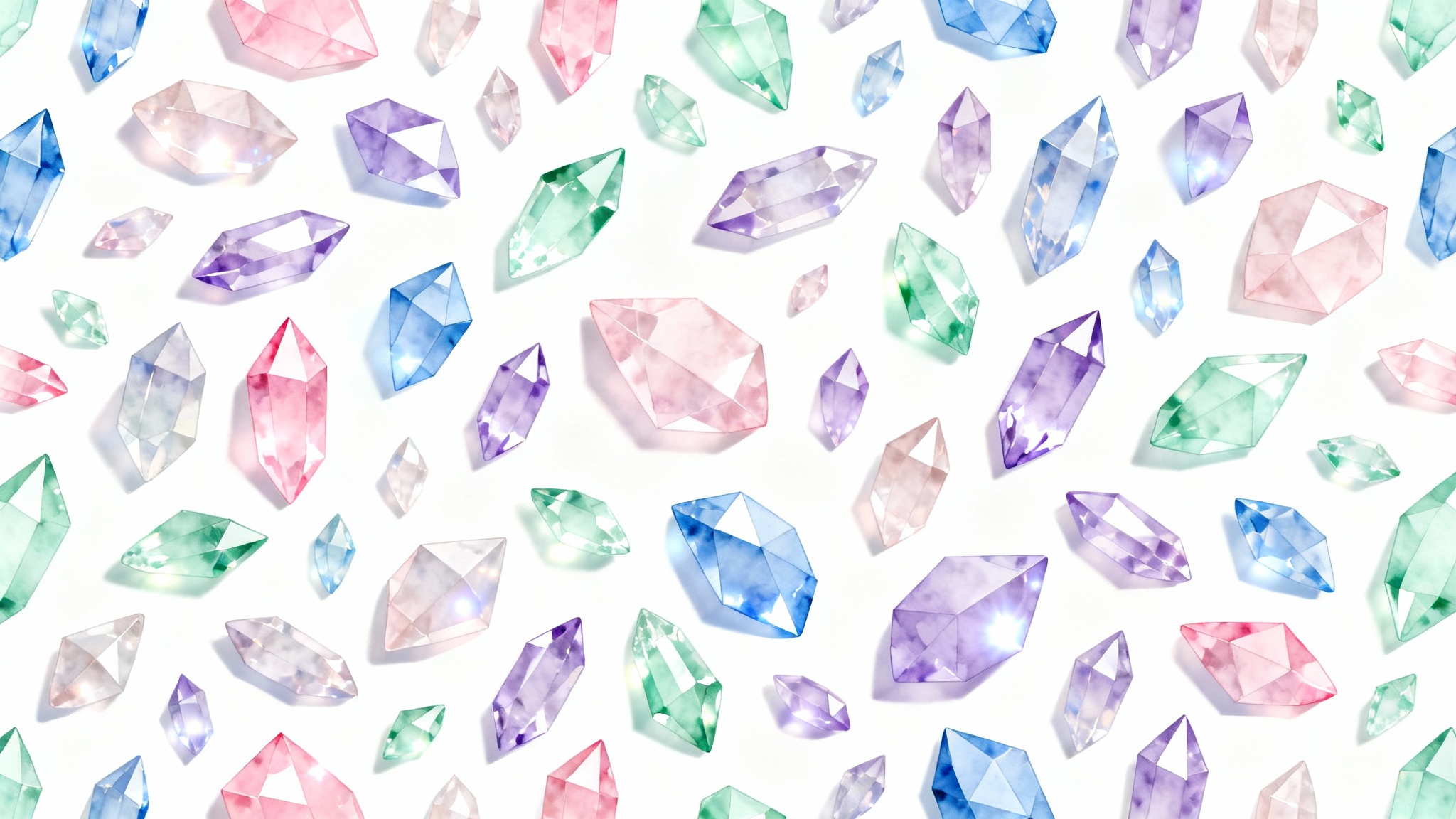 A seamless background pattern featuring stylized geometric crystals in soft pastel colors like pink, blue, and lavender on a light background.