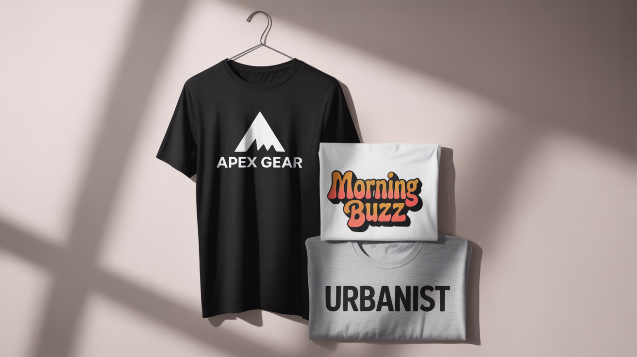 Three professionally designed t-shirts—black, white, and gray—mocked up to show examples of high-quality logo placement from a design tool.