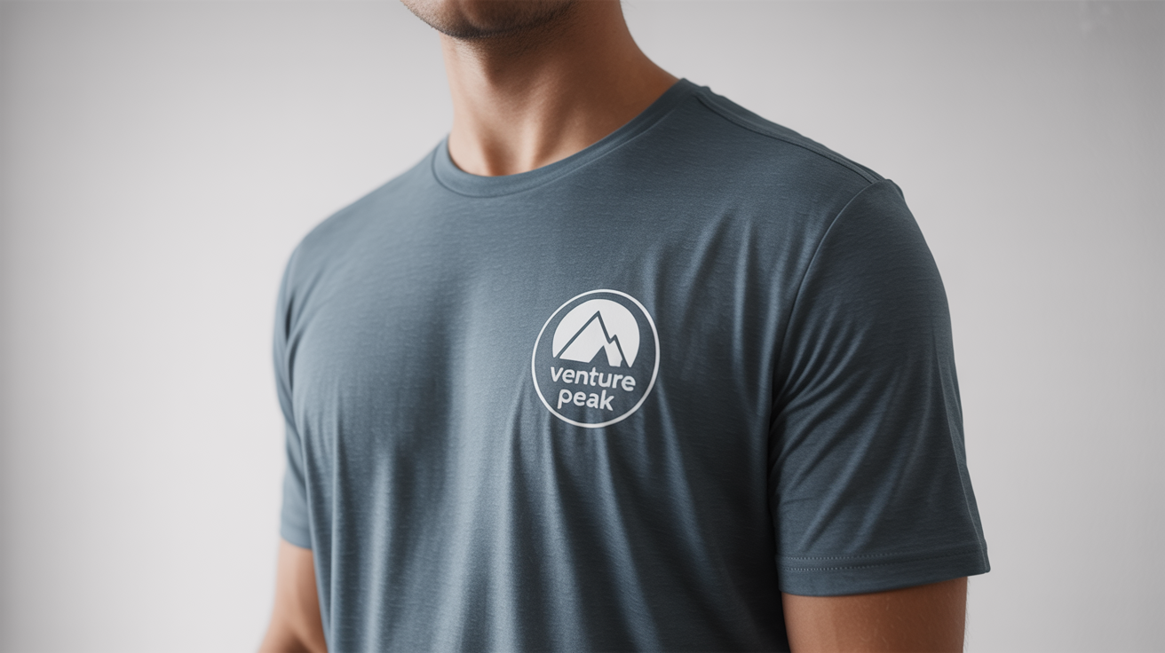 A close-up of a heather gray t-shirt showing a well-placed logo on the left chest that reads 'Venture Peak'.
