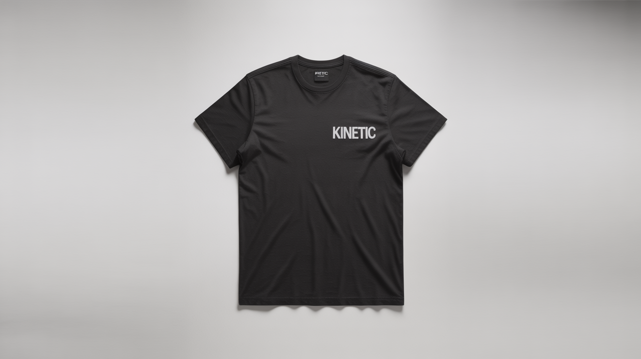 A photorealistic mockup of a black t-shirt on a white background, showcasing the professional placement of a white embroidered logo that says "KINETIC" on the left chest.