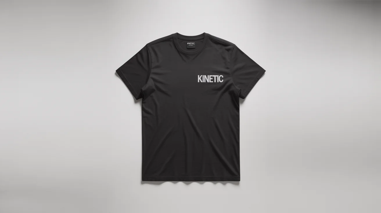 A photorealistic mockup of a black t-shirt on a white background, showcasing the professional placement of a white embroidered logo that says "KINETIC" on the left chest.