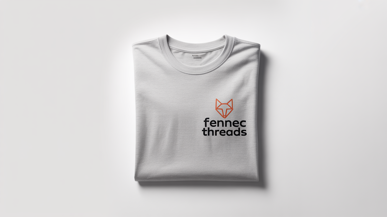 A professionally shot mockup of a folded heather gray t-shirt on a white background, showcasing a precisely placed logo for a fictional brand 'Fennec Threads' on the left chest.