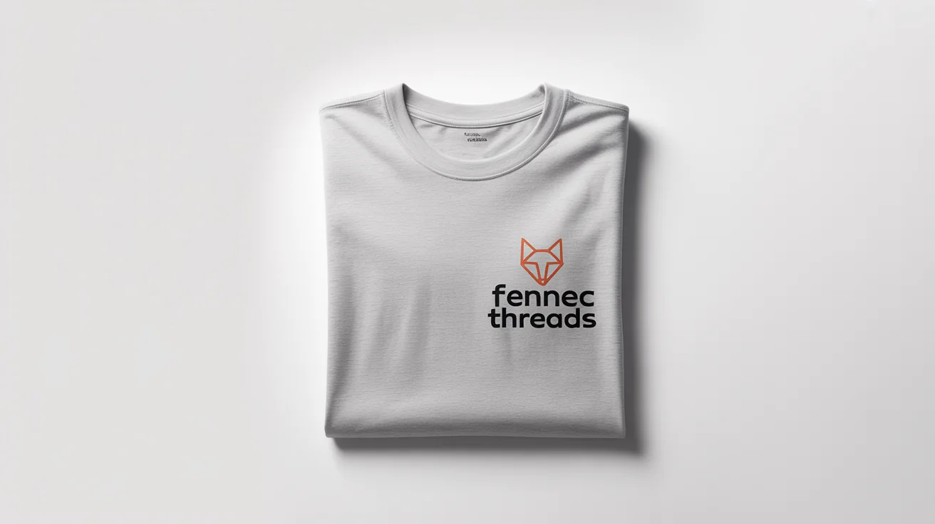 A professionally shot mockup of a folded heather gray t-shirt on a white background, showcasing a precisely placed logo for a fictional brand 'Fennec Threads' on the left chest.