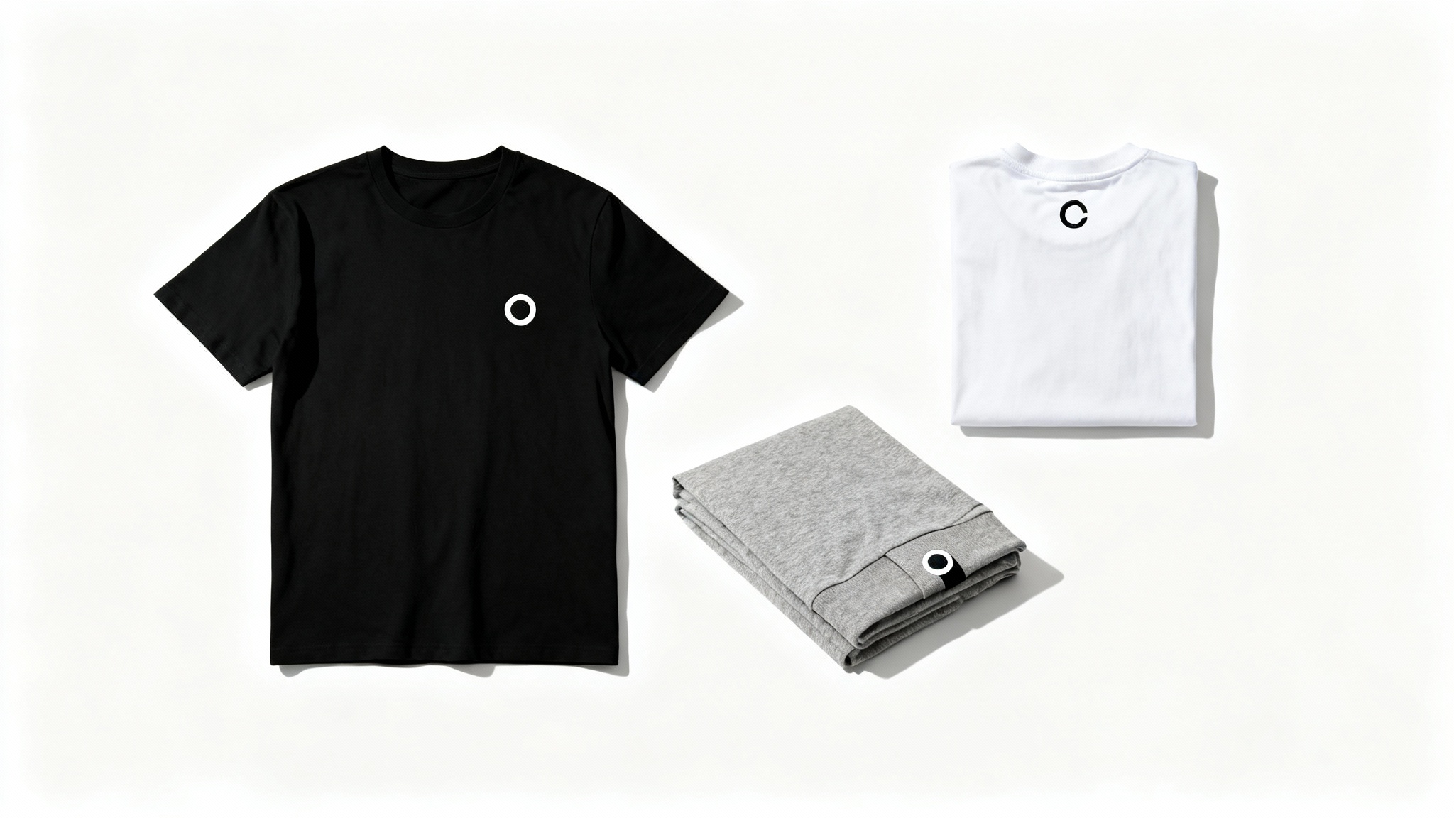 A flat lay image displaying three t-shirts, black, gray, and white, showcasing different logo placement options like the left chest, sleeve, and upper back, on a clean white background.