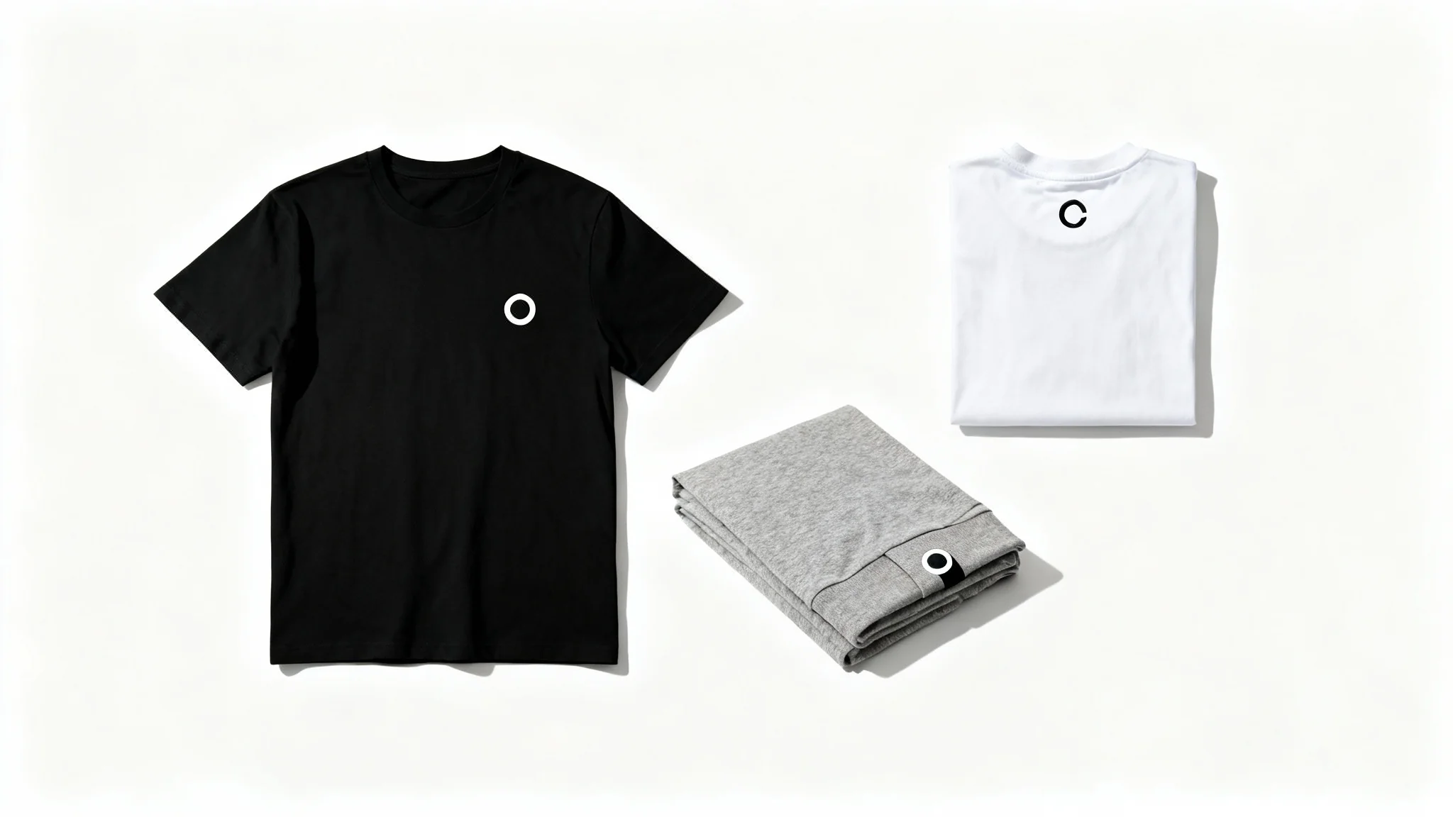 A flat lay image displaying three t-shirts, black, gray, and white, showcasing different logo placement options like the left chest, sleeve, and upper back, on a clean white background.
