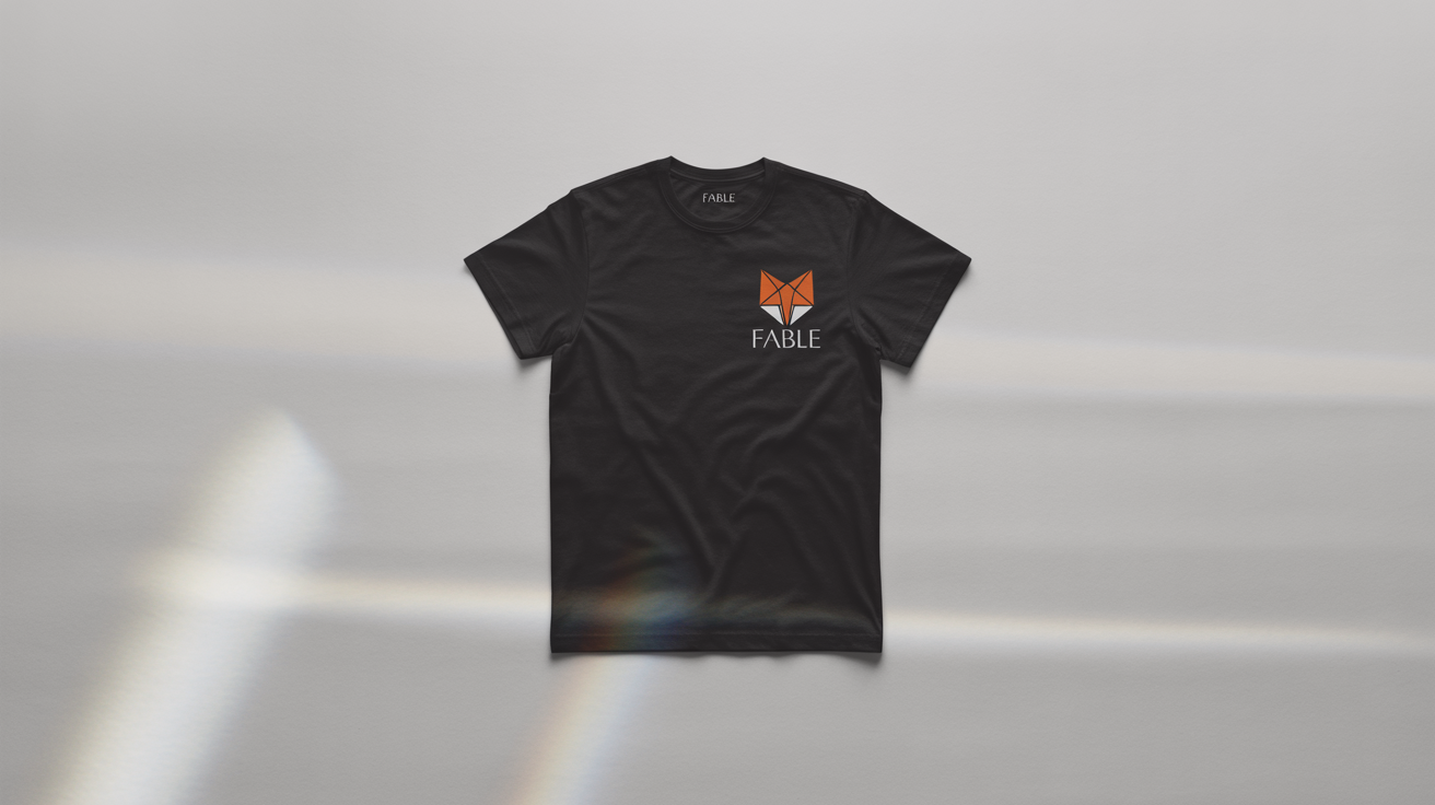 A product mockup of a black t-shirt laid flat on a white background, showcasing a professionally placed logo of an orange fox head and the word 'FABLE' on the left chest.