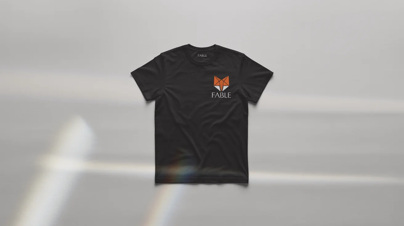 A product mockup of a black t-shirt laid flat on a white background, showcasing a professionally placed logo of an orange fox head and the word 'FABLE' on the left chest.