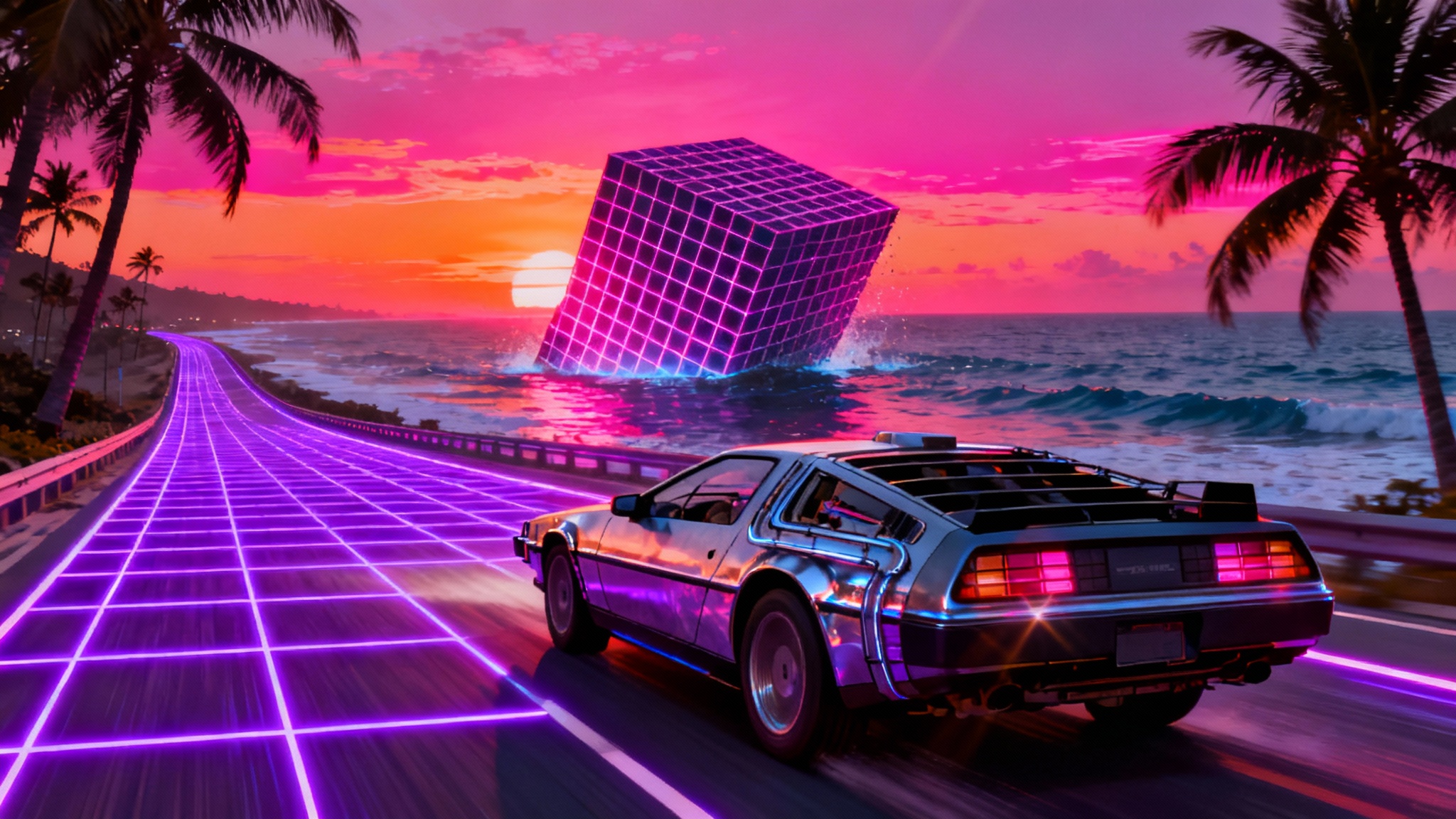 An epic synthwave artwork showing a retro sports car driving on a neon grid road towards a large, gridded sunset over the ocean, with silhouetted palm trees.