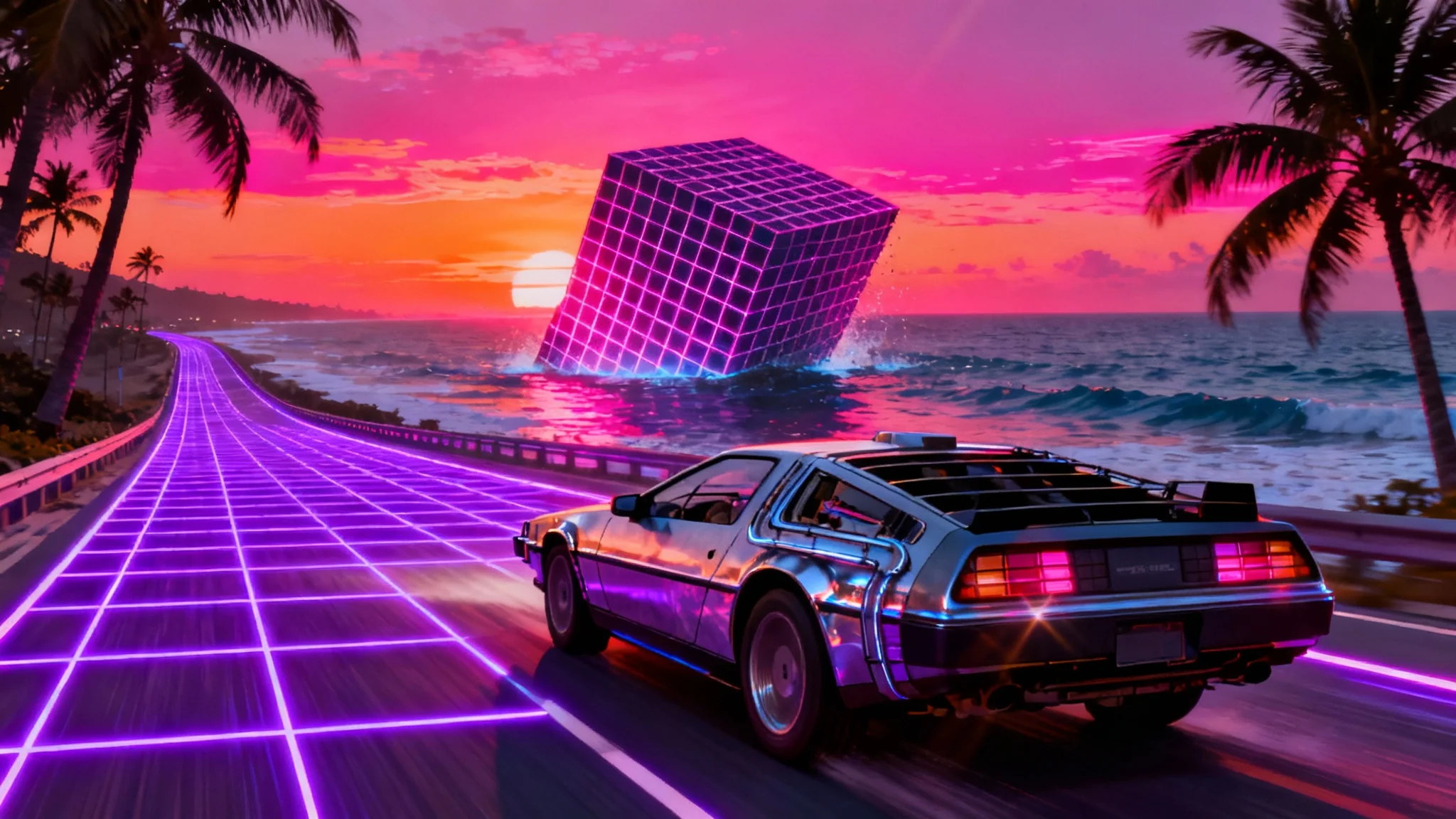 An epic synthwave artwork showing a retro sports car driving on a neon grid road towards a large, gridded sunset over the ocean, with silhouetted palm trees.