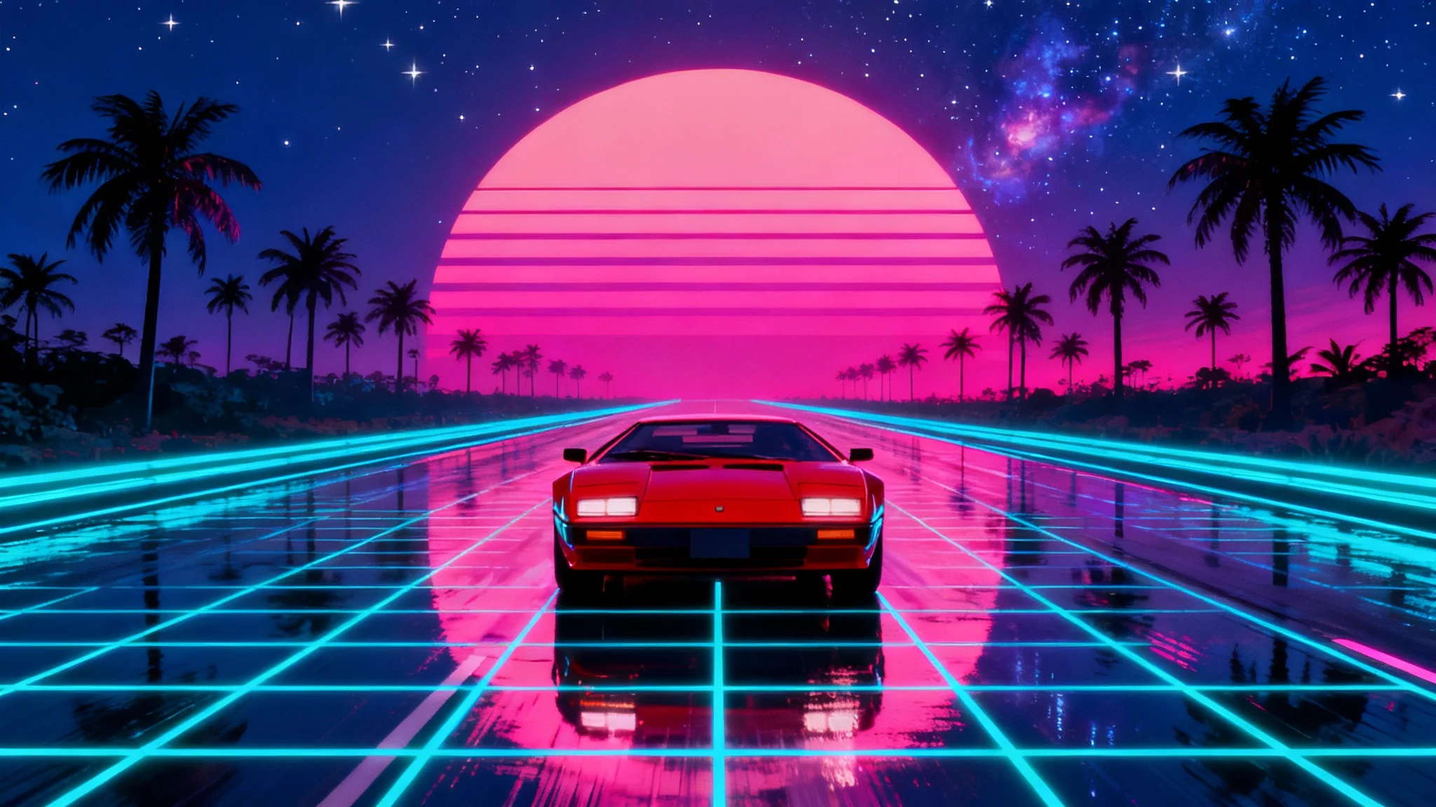 A classic 1980s sports car drives on a neon-grid highway towards a massive, stylized synthwave sunset, with palm trees silhouetted against a purple and pink sky.