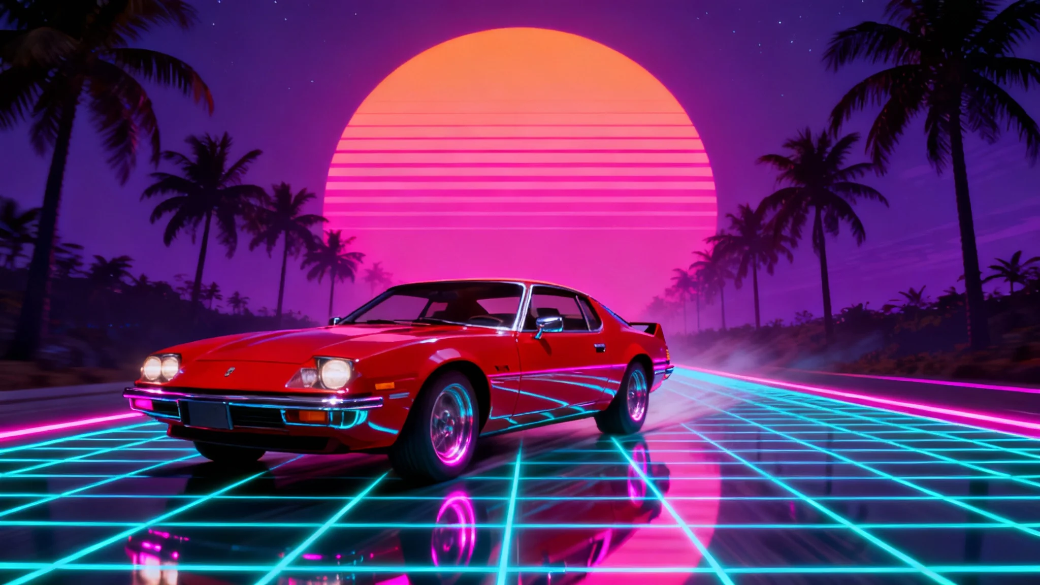 A vibrant synthwave artwork featuring a red 1980s sports car driving on a neon grid road towards a stylized setting sun, with palm trees silhouetted against a purple sky.
