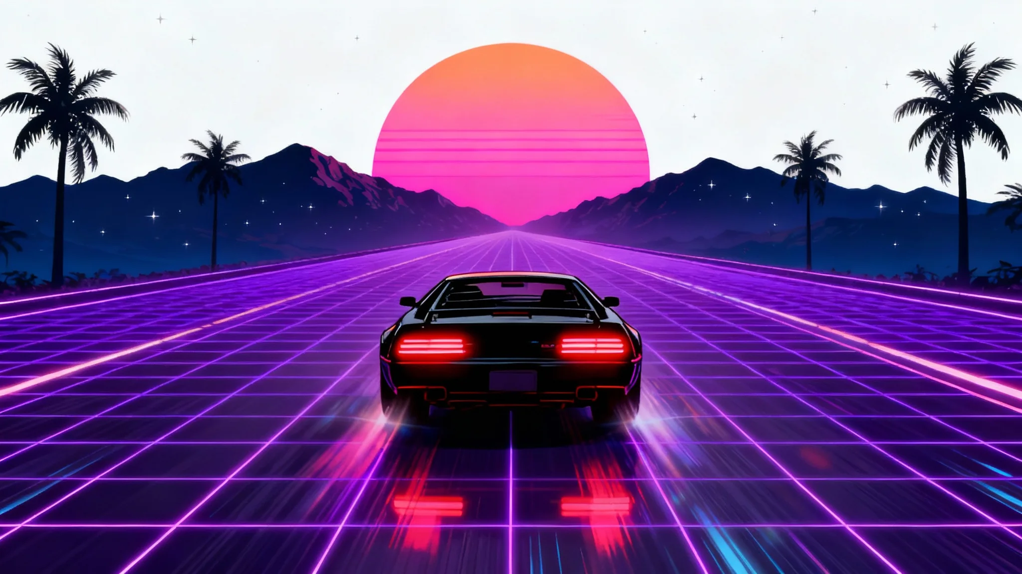 A vibrant synthwave illustration of a classic 1980s sports car driving on a neon grid road towards a massive, stylized setting sun between mountains, under a purple and pink sky with silhouetted palm trees.
