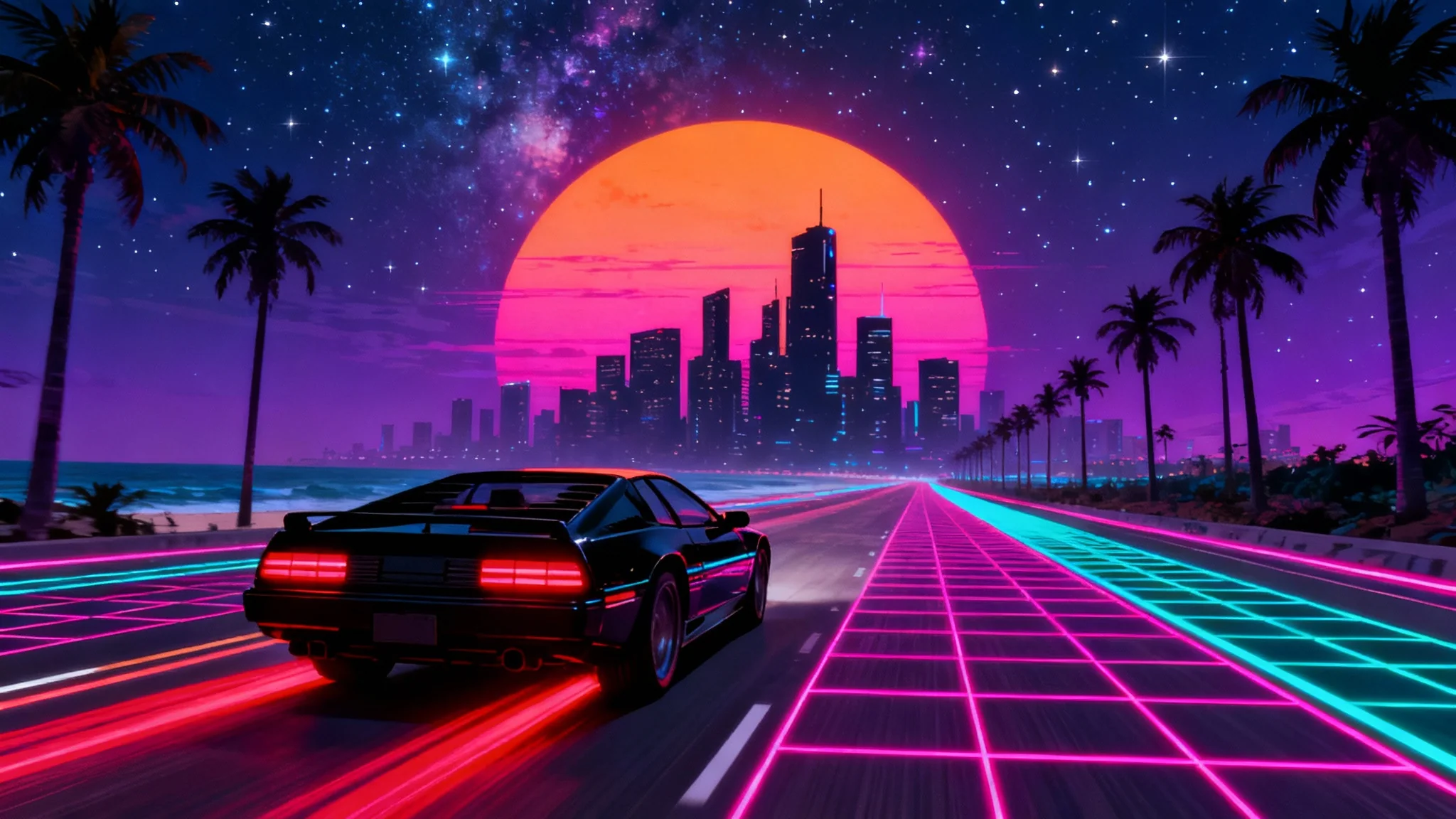 A synthwave illustration of a 1980s sports car driving on a neon grid highway towards a massive setting sun, with silhouetted palm trees against a purple and pink sky.