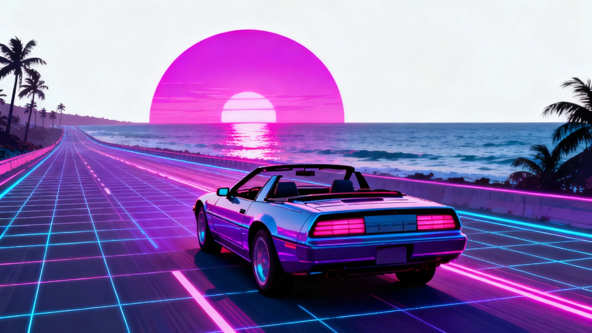 A vibrant synthwave art piece showing a 1980s sports car driving towards a neon pink sunset over the ocean, with digital grid lines on the road and silhouetted palm trees, all on a clean white background.