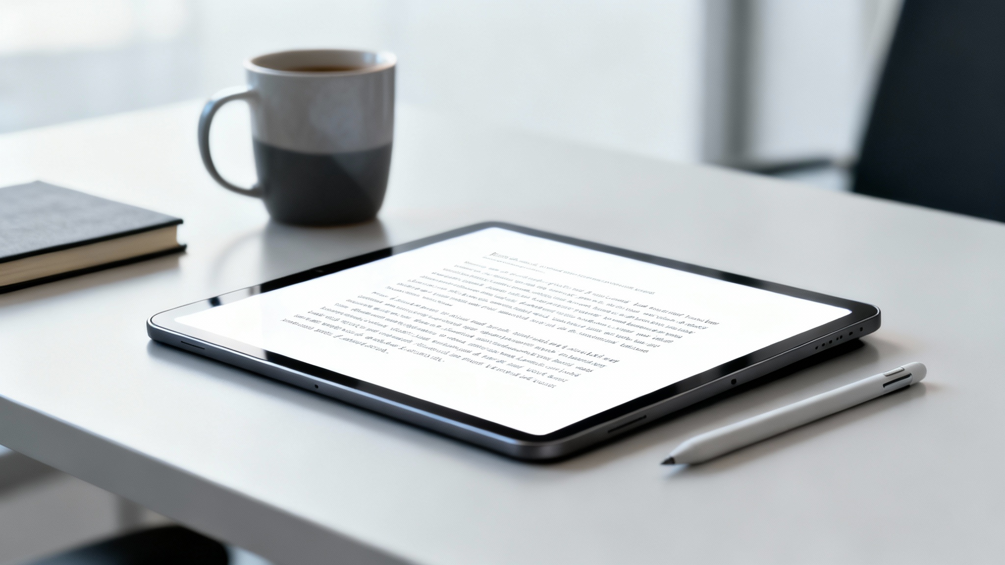 A digital tablet on a desk showing a perfectly clean digital note, with all previous scribbles and annotations removed, demonstrating a 'remove scribbles' feature.