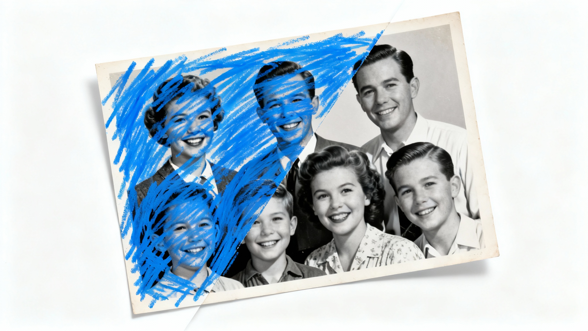 A vintage family photo, half of which is covered in blue crayon scribbles, and the other half is perfectly clean and restored, demonstrating a scribble removal effect.