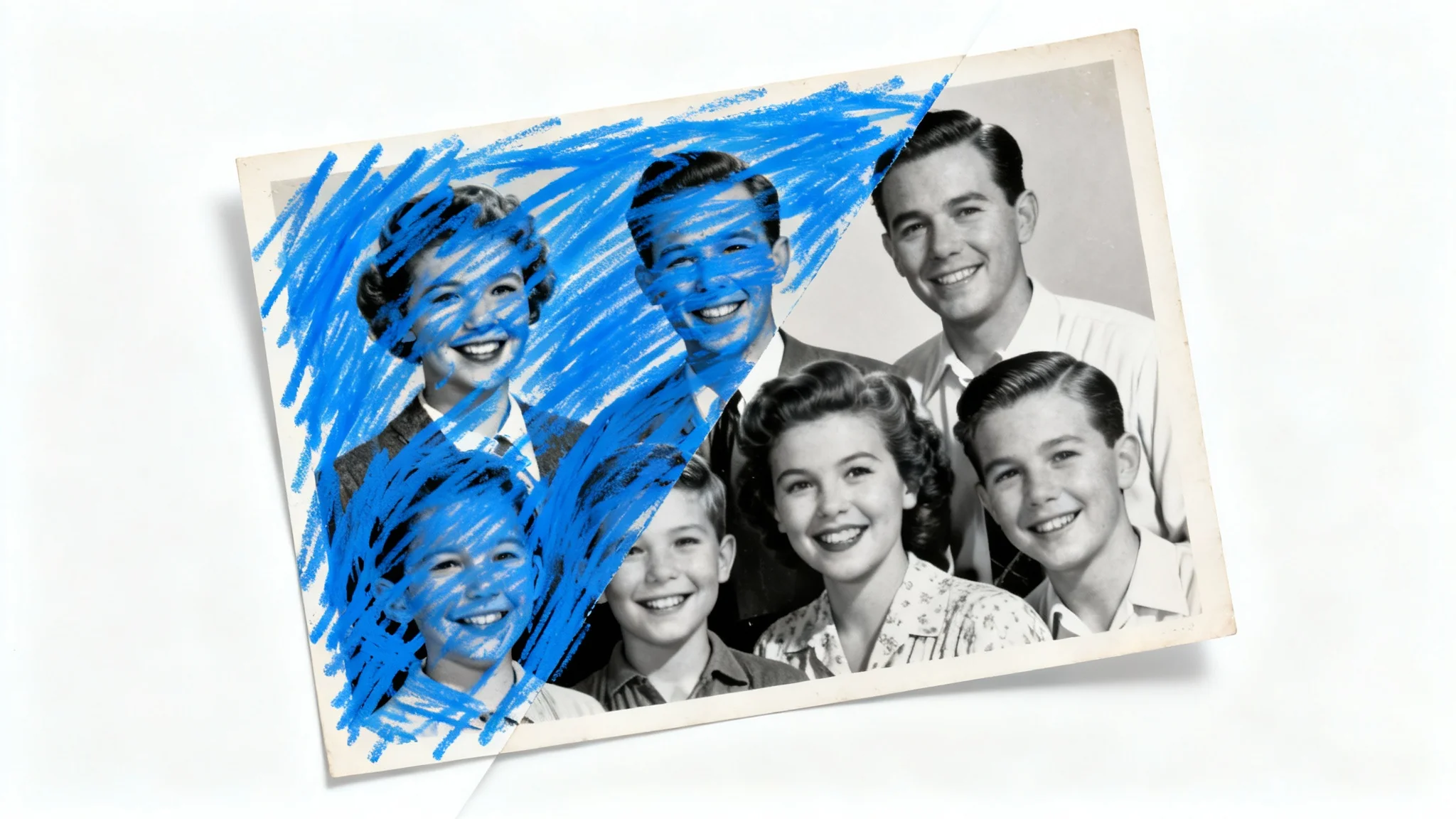 A vintage family photo, half of which is covered in blue crayon scribbles, and the other half is perfectly clean and restored, demonstrating a scribble removal effect.