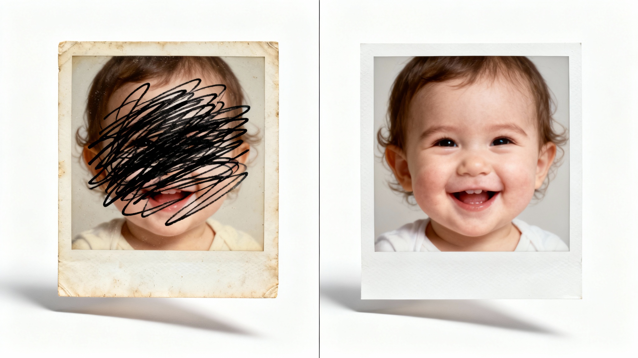 A side-by-side comparison showing a photo of a toddler. The left image is covered in black scribbles, while the right image shows the same photo perfectly cleaned, demonstrating the scribble removal feature.