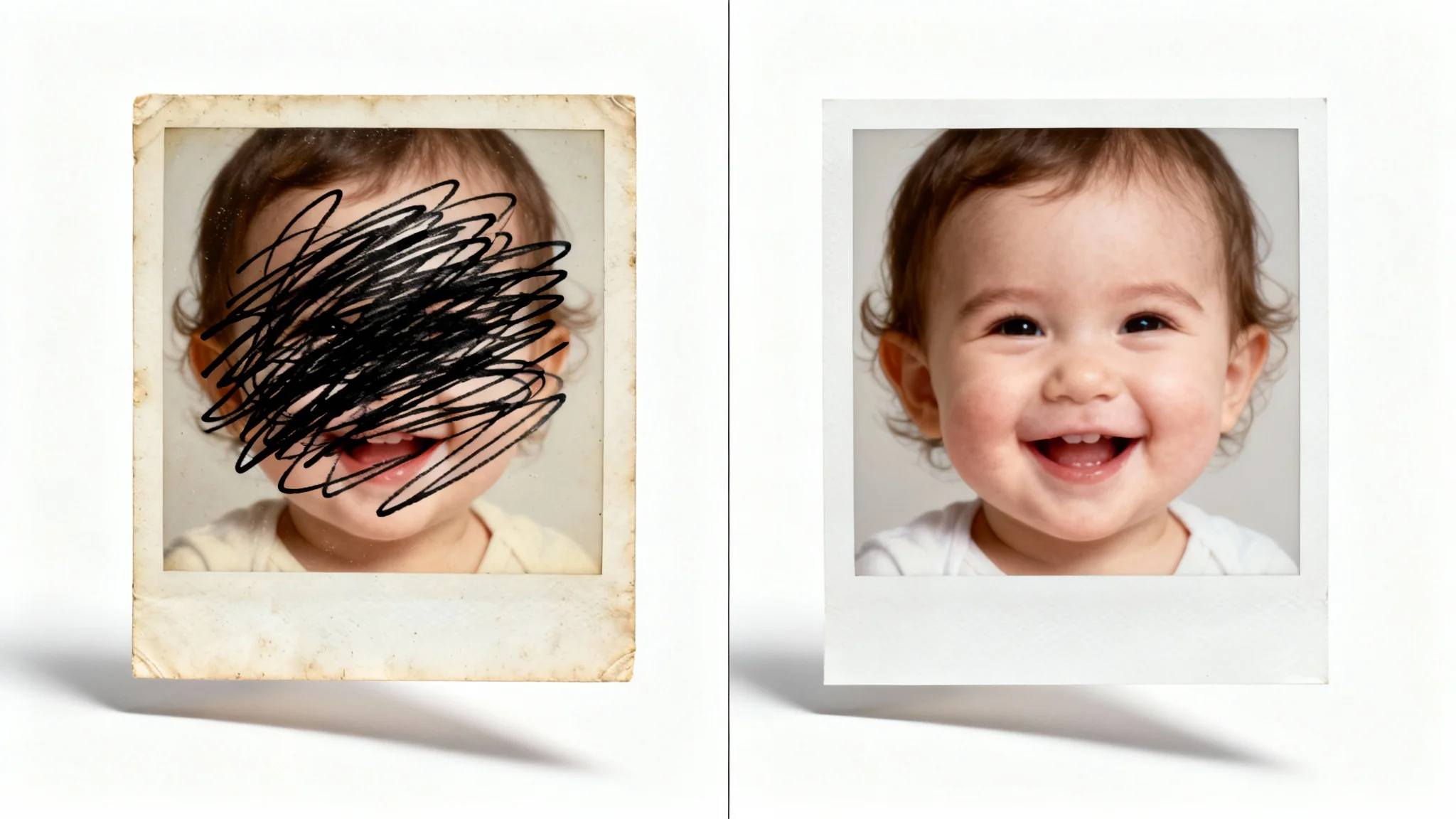 A side-by-side comparison showing a photo of a toddler. The left image is covered in black scribbles, while the right image shows the same photo perfectly cleaned, demonstrating the scribble removal feature.