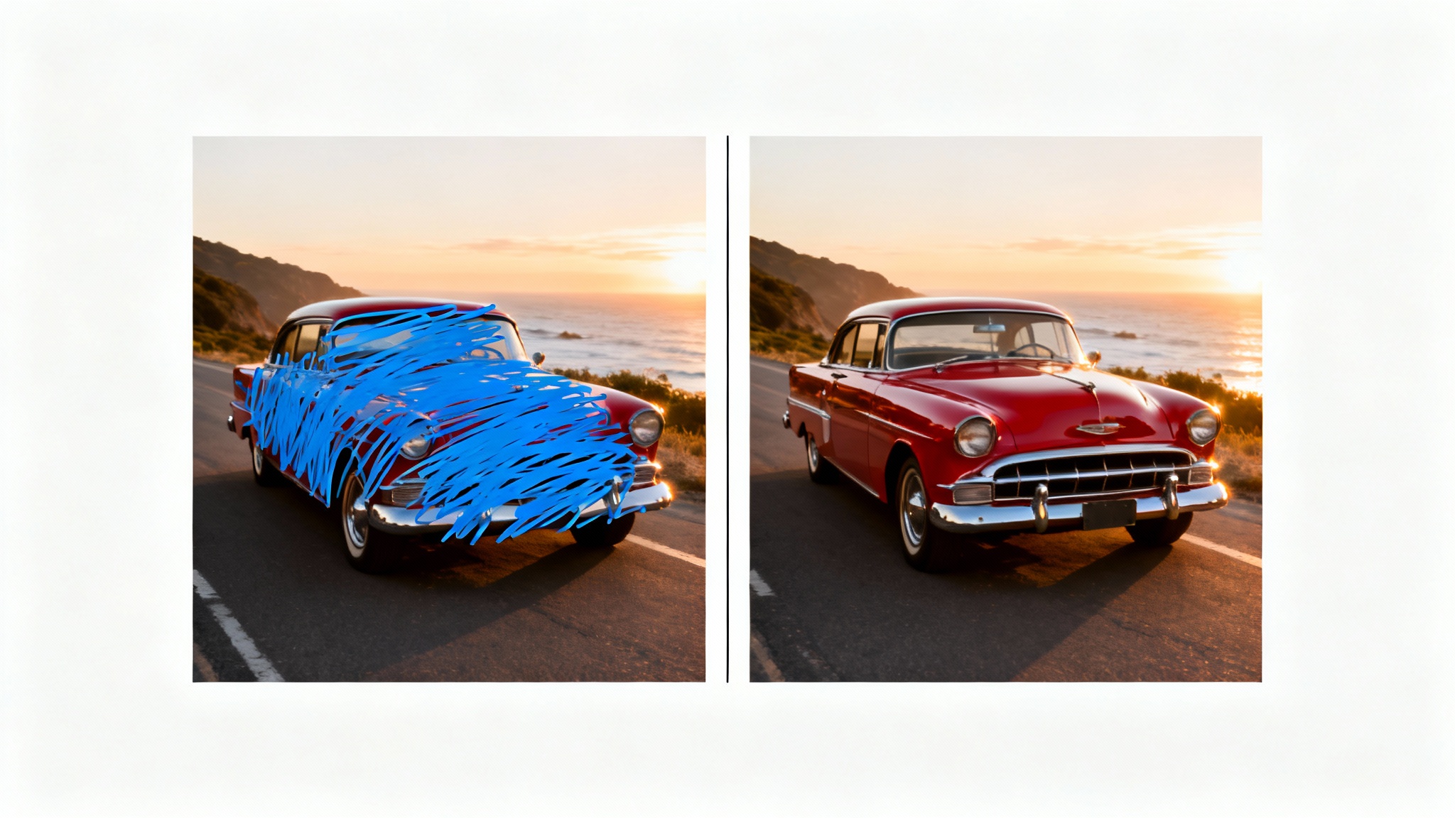 A before-and-after image demonstrating a scribble removal feature. The left side shows a photo of a classic car covered in blue scribbles, and the right side shows the same photo perfectly cleaned and restored.