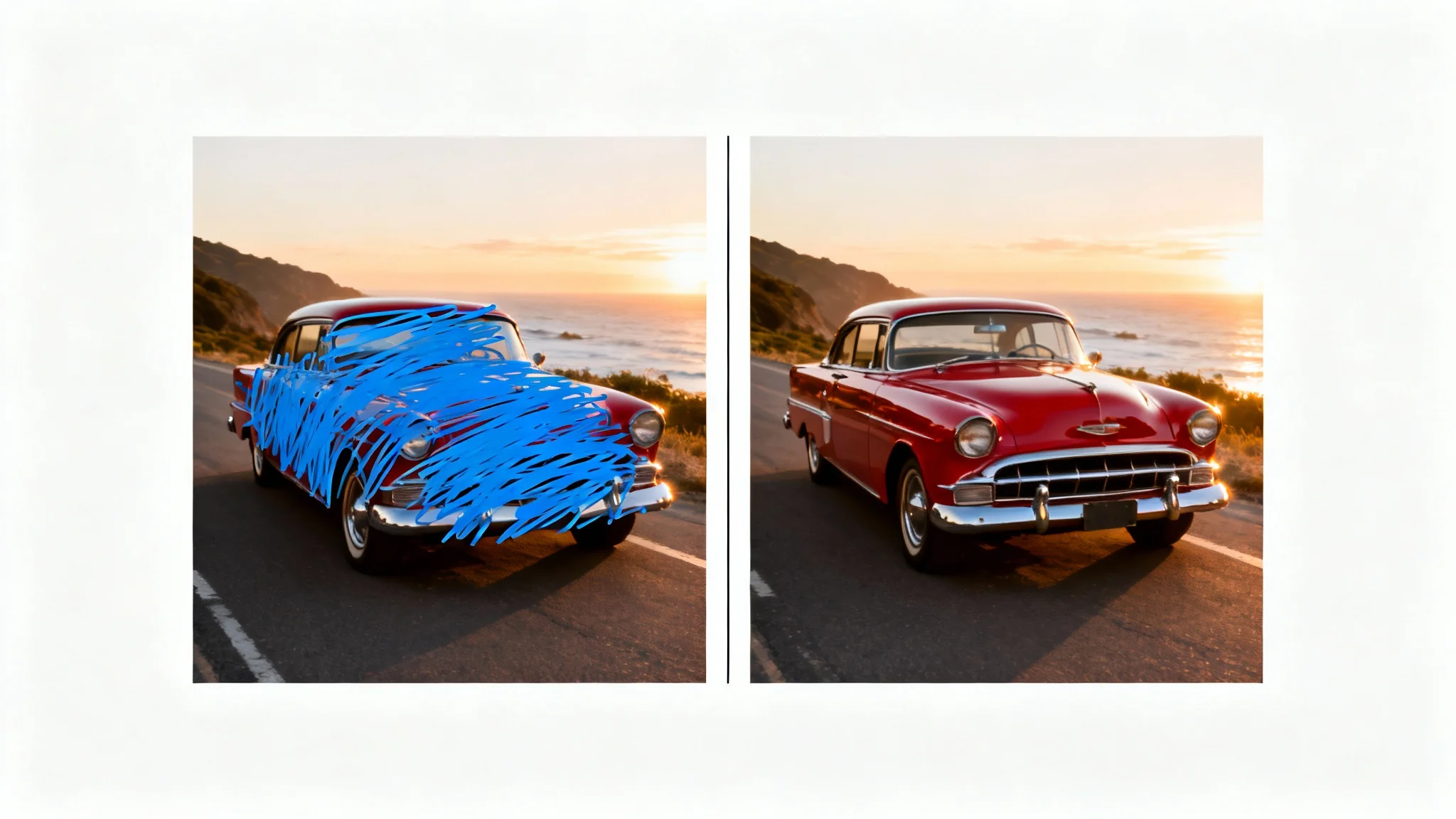 A before-and-after image demonstrating a scribble removal feature. The left side shows a photo of a classic car covered in blue scribbles, and the right side shows the same photo perfectly cleaned and restored.