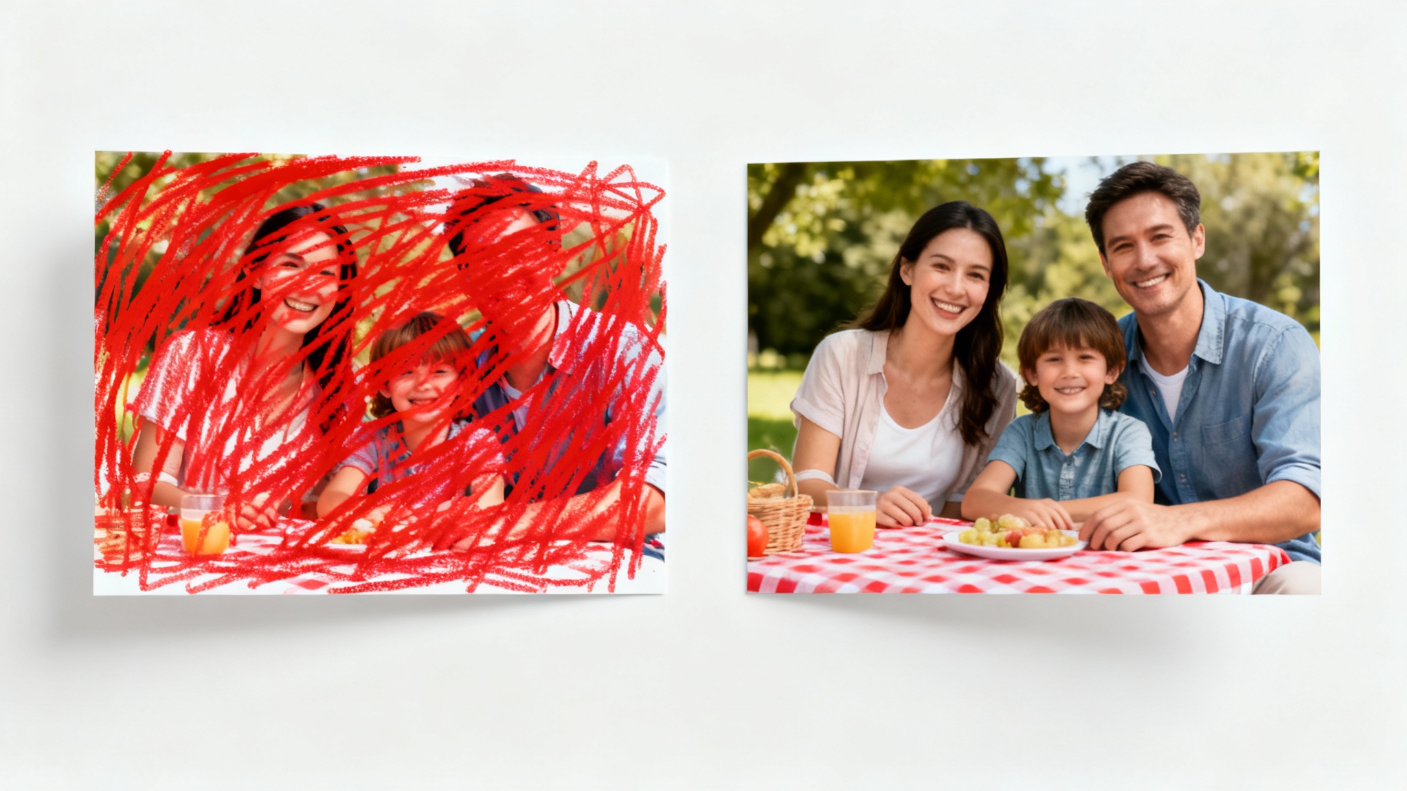 A before-and-after comparison. The 'before' image is a family photo covered in red crayon scribbles, and the 'after' image shows the same photo perfectly cleaned and restored.