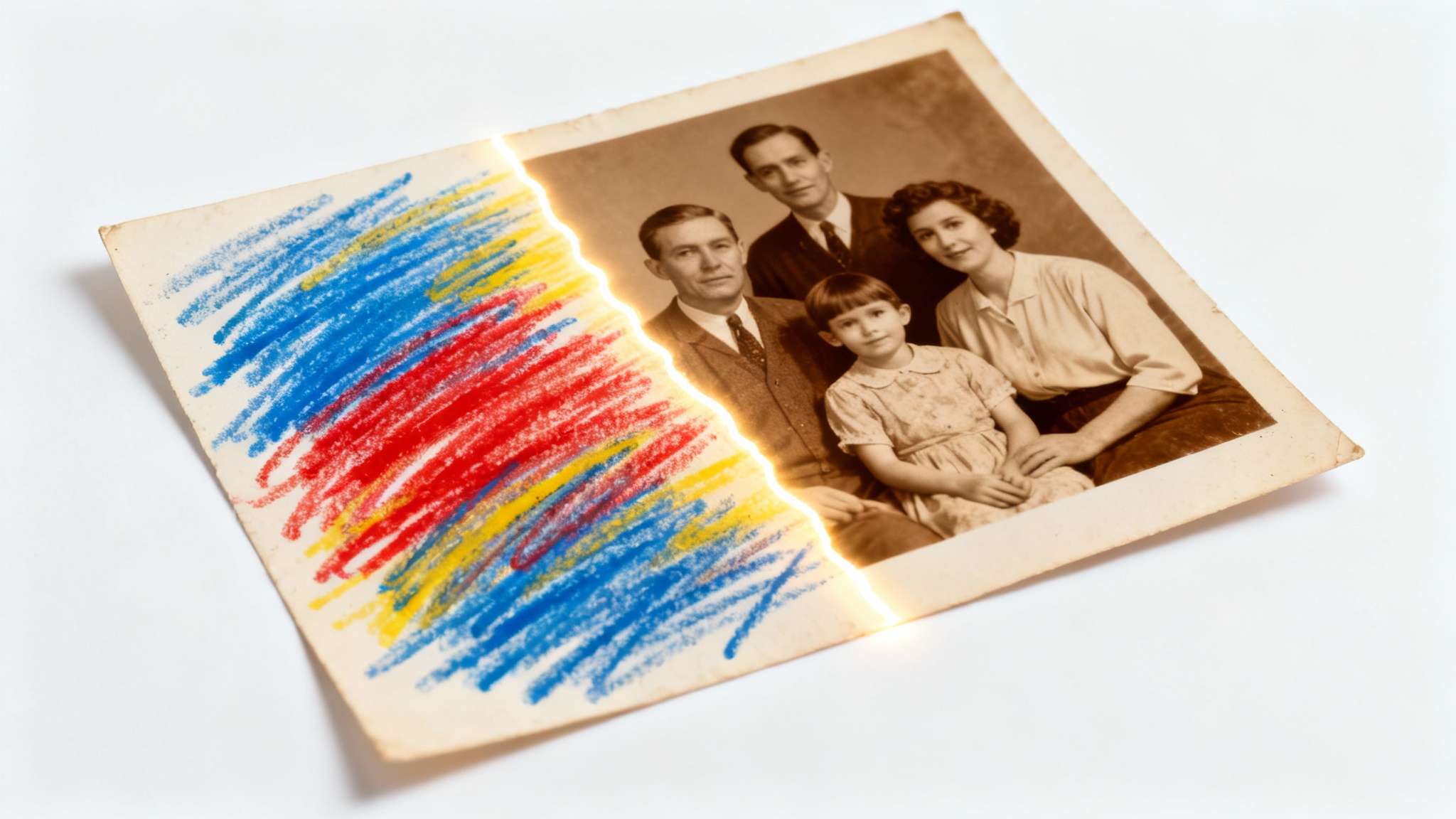 A vintage family photograph being restored, with one half covered in colorful crayon scribbles and the other half perfectly clean, demonstrating the successful removal of the marks.