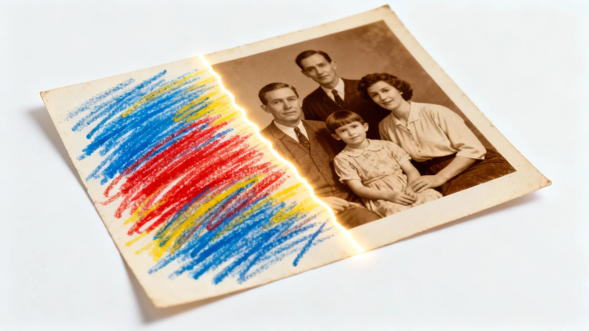 A vintage family photograph being restored, with one half covered in colorful crayon scribbles and the other half perfectly clean, demonstrating the successful removal of the marks.