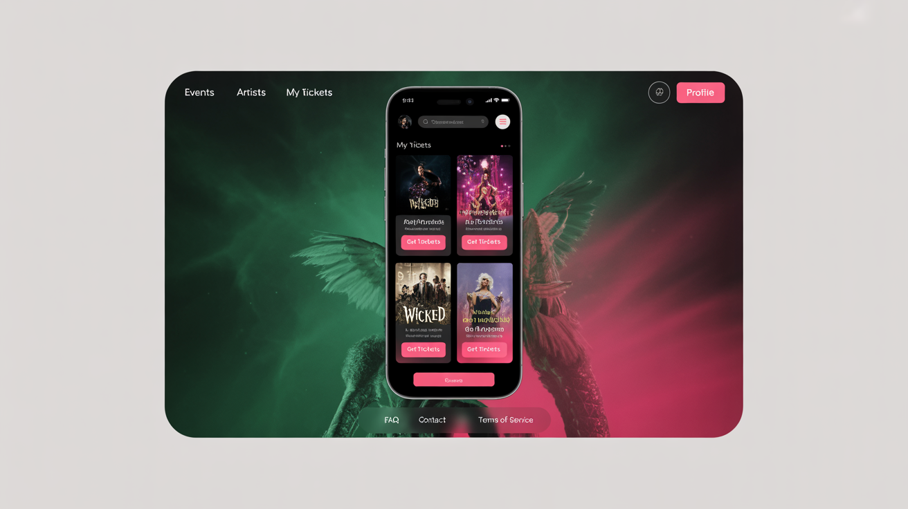 A professional mockup of a mobile app's user interface, showcasing a dramatic color scheme of emerald green and magenta, inspired by the musical 'Wicked'.