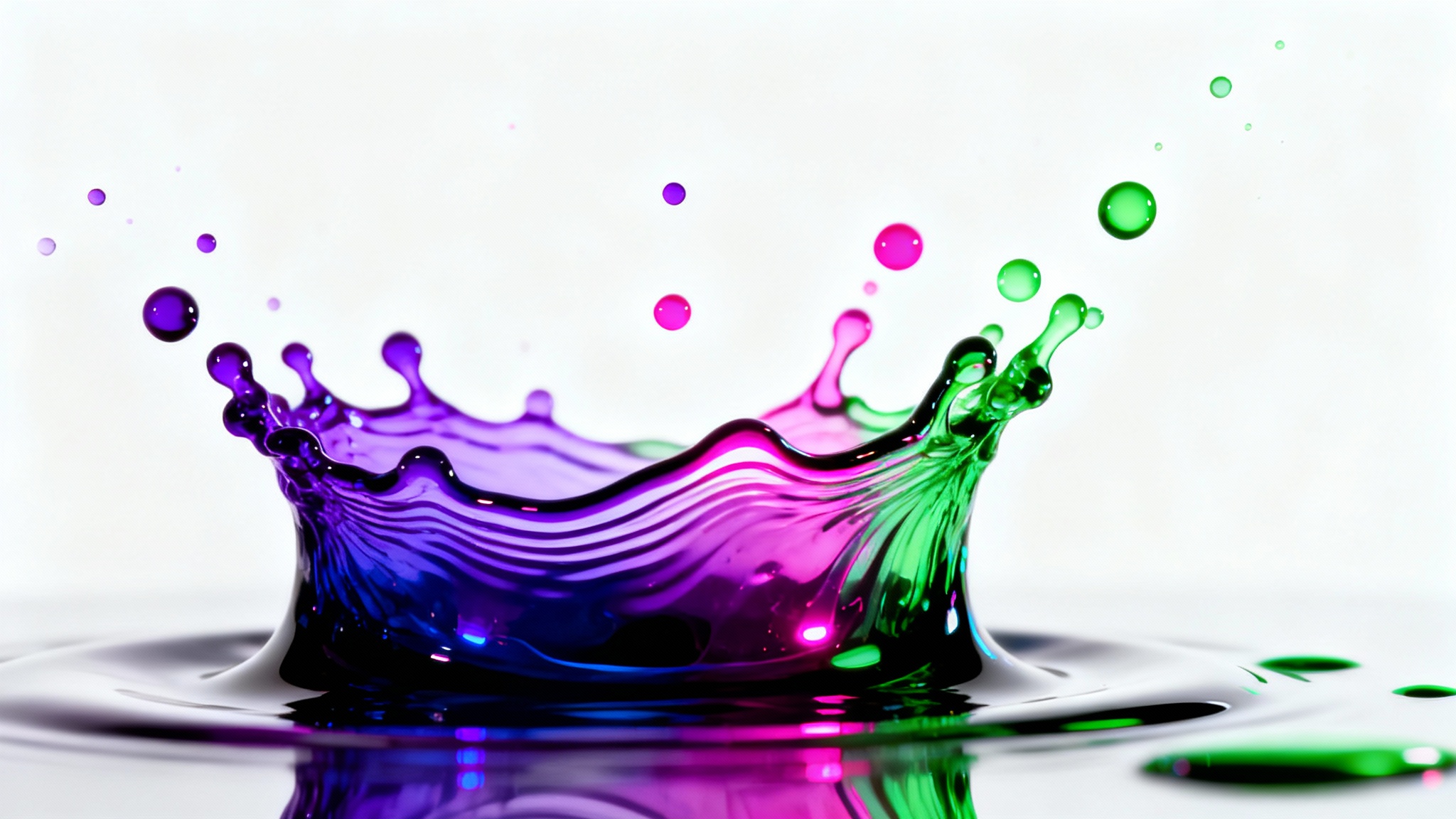 An abstract macro photograph of a vibrant and 'wicked' color scheme, showing a dynamic splash of purple, magenta, and green liquids frozen against a clean white background.