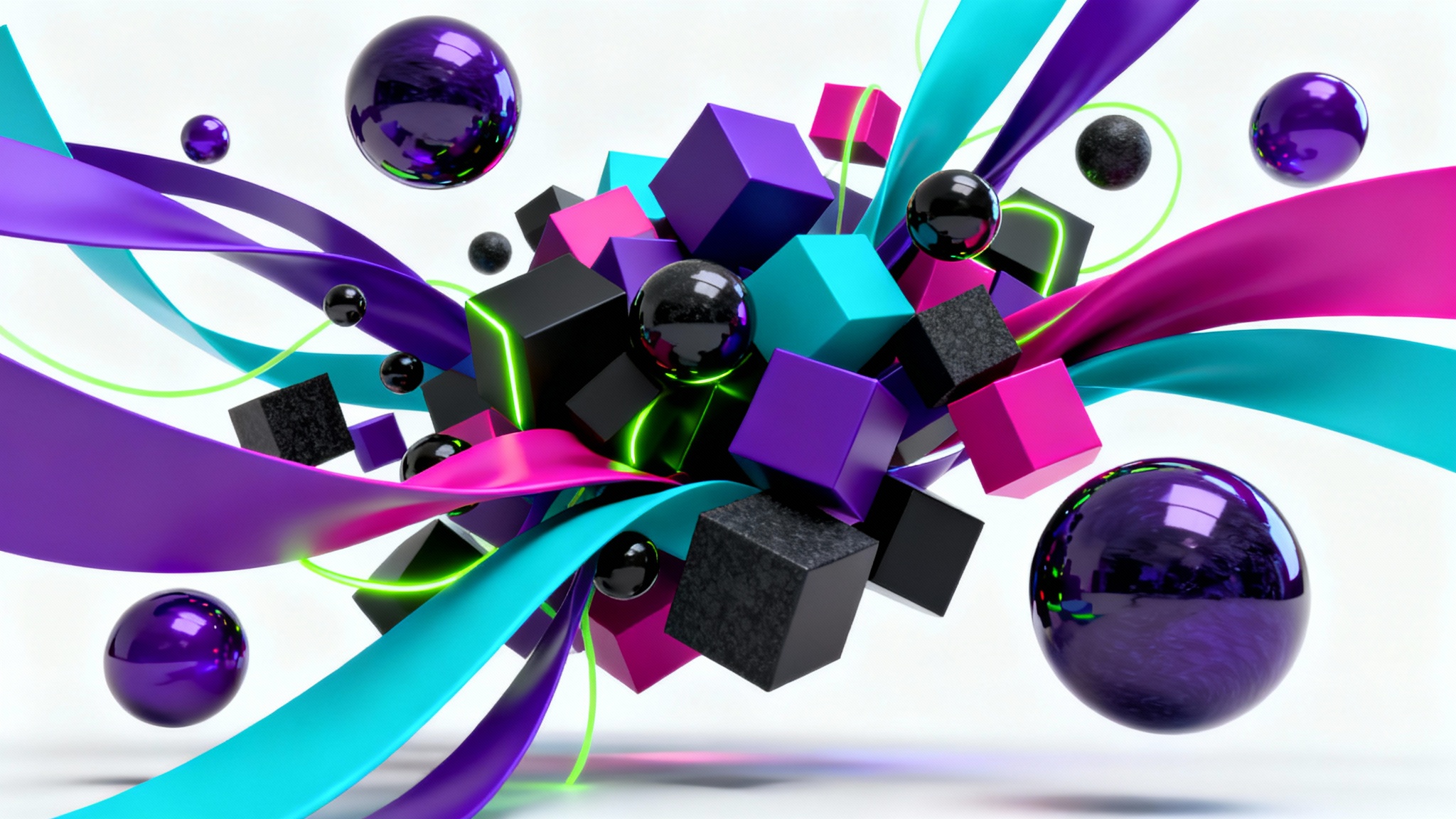 An abstract 3D composition of spheres, cubes, and ribbons in a wicked color scheme of purple, cyan, and magenta against a white background.