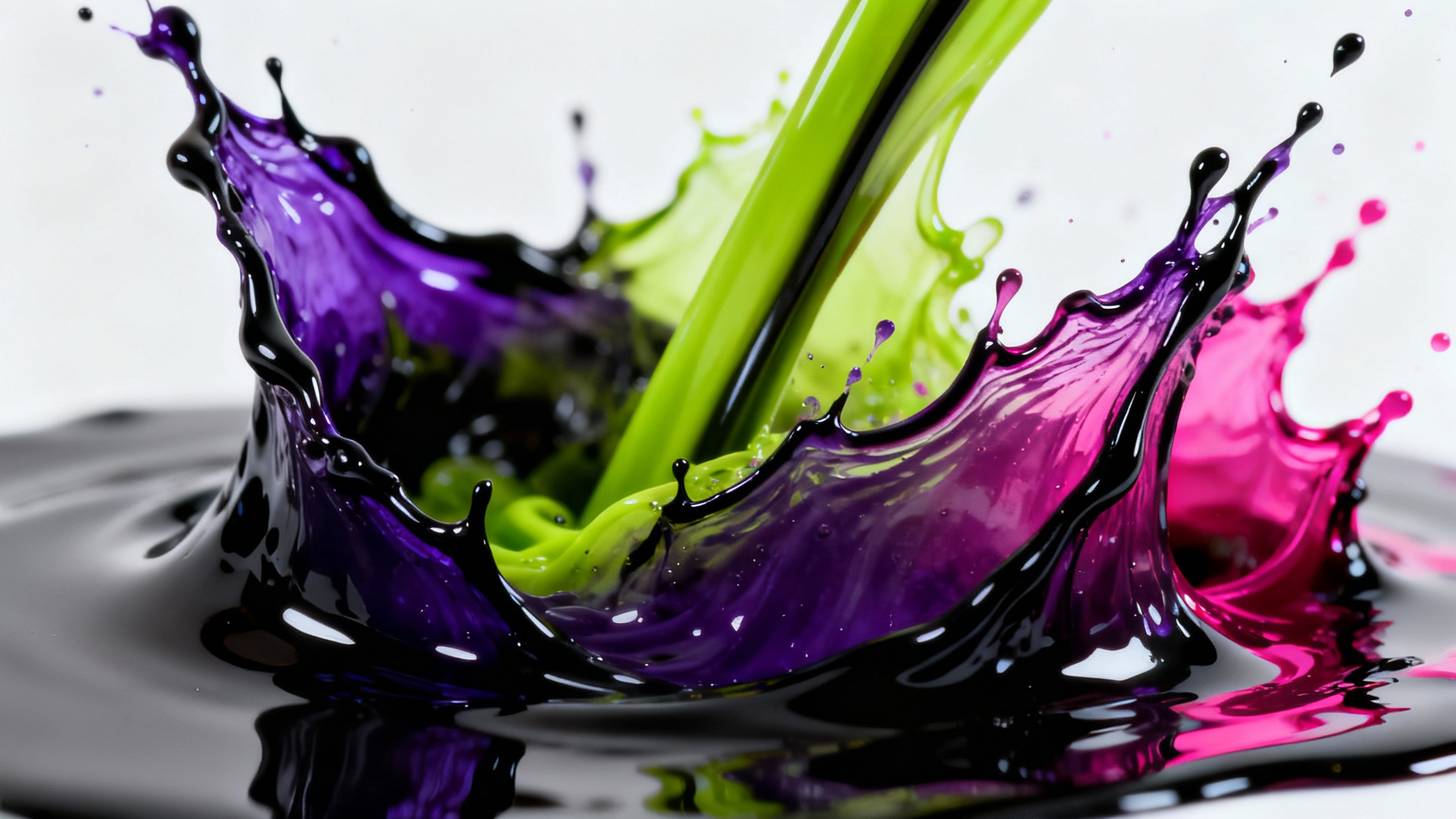 An abstract macro photograph of swirling liquids in a wicked color scheme of purple, toxic green, fuchsia, and black, isolated on a clean white background.